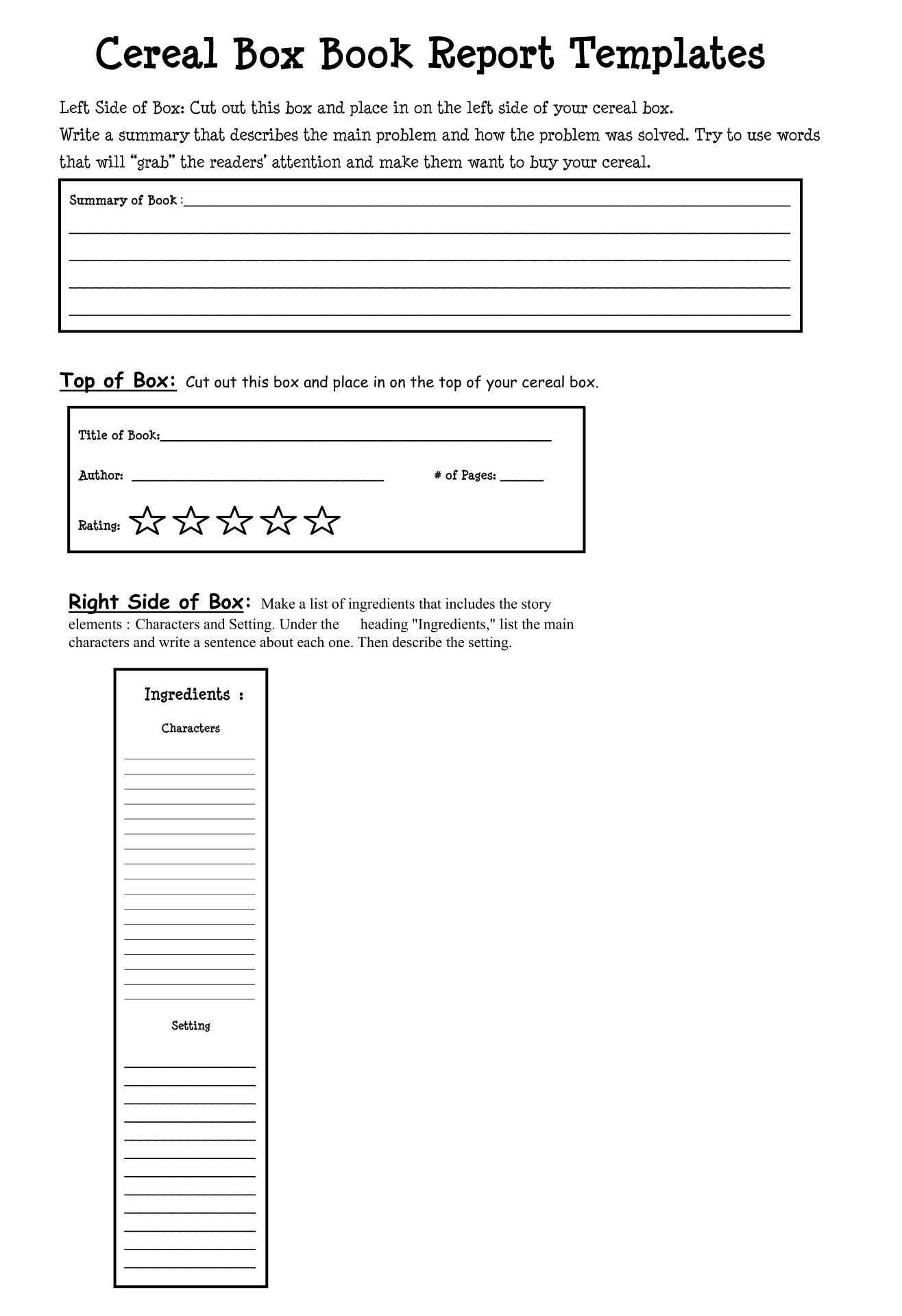 Cereal Box Book Report Template