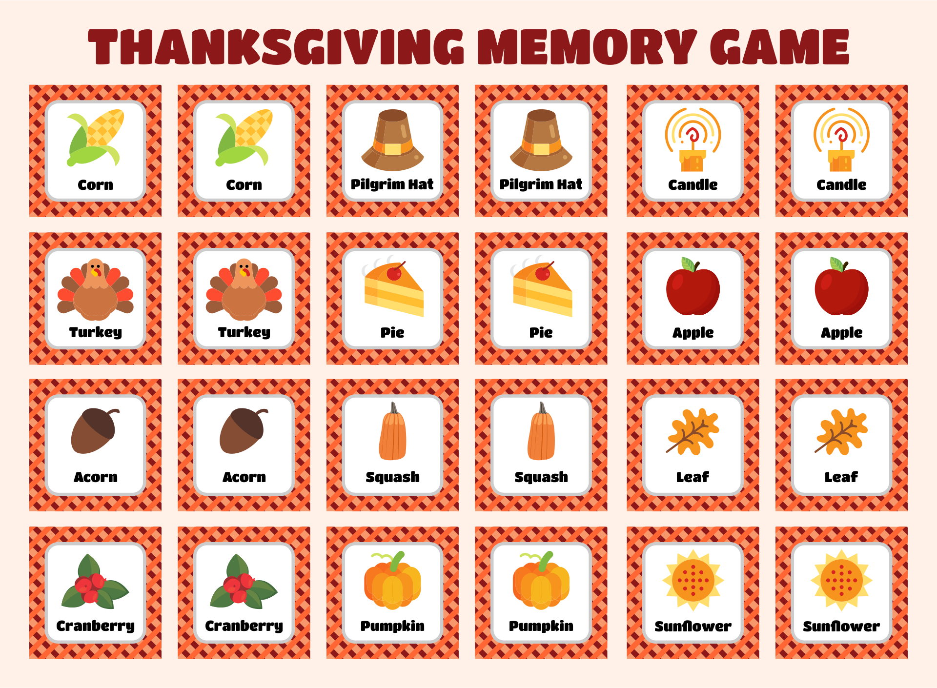 Printable Thanksgiving Memory Game