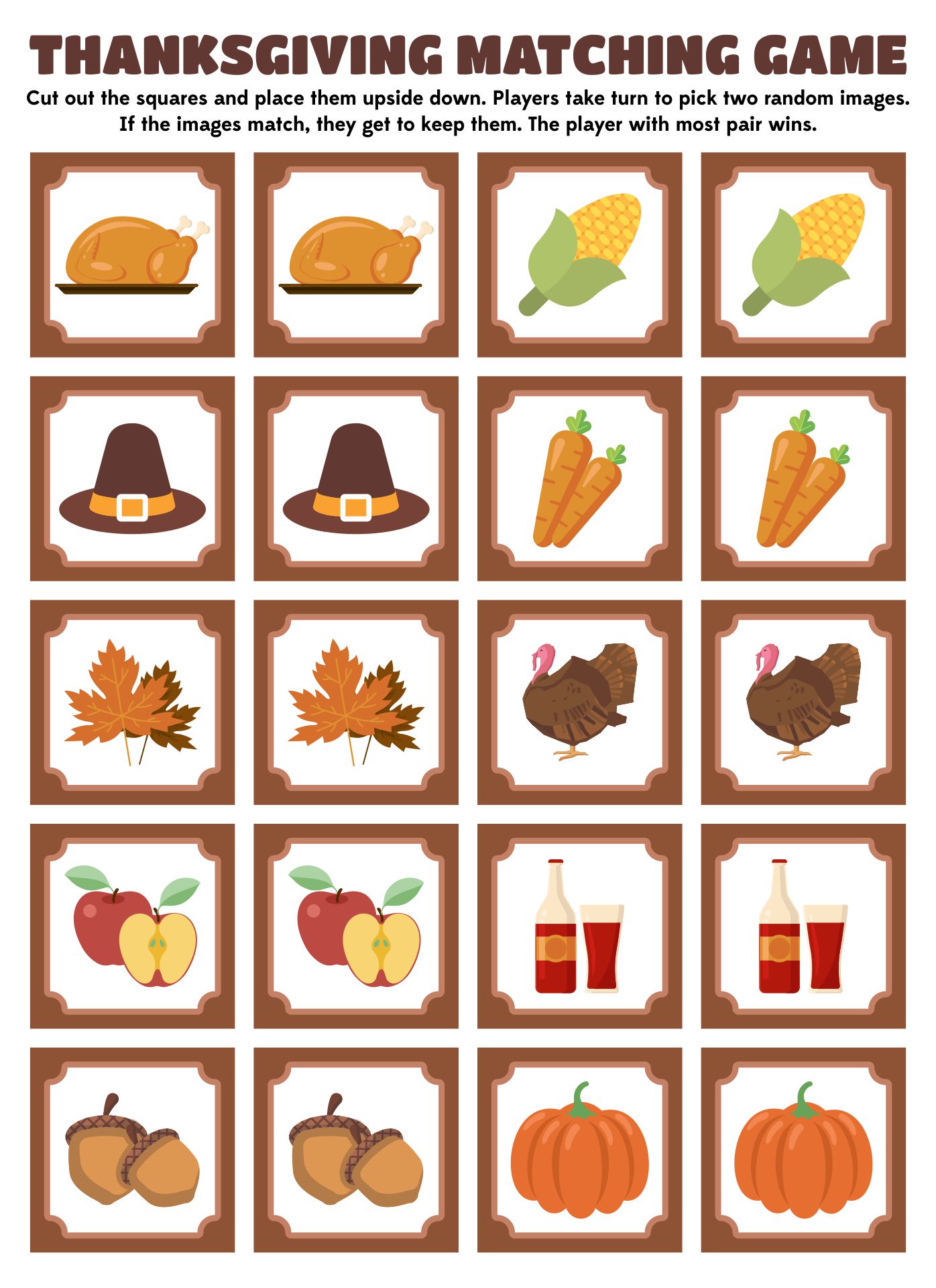 Preschool Thanksgiving Matching Game Printables