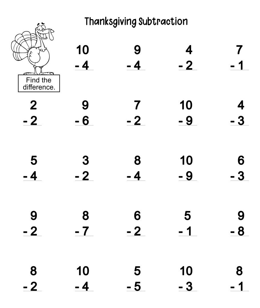 1st Grade Thanksgiving Subtraction Worksheets