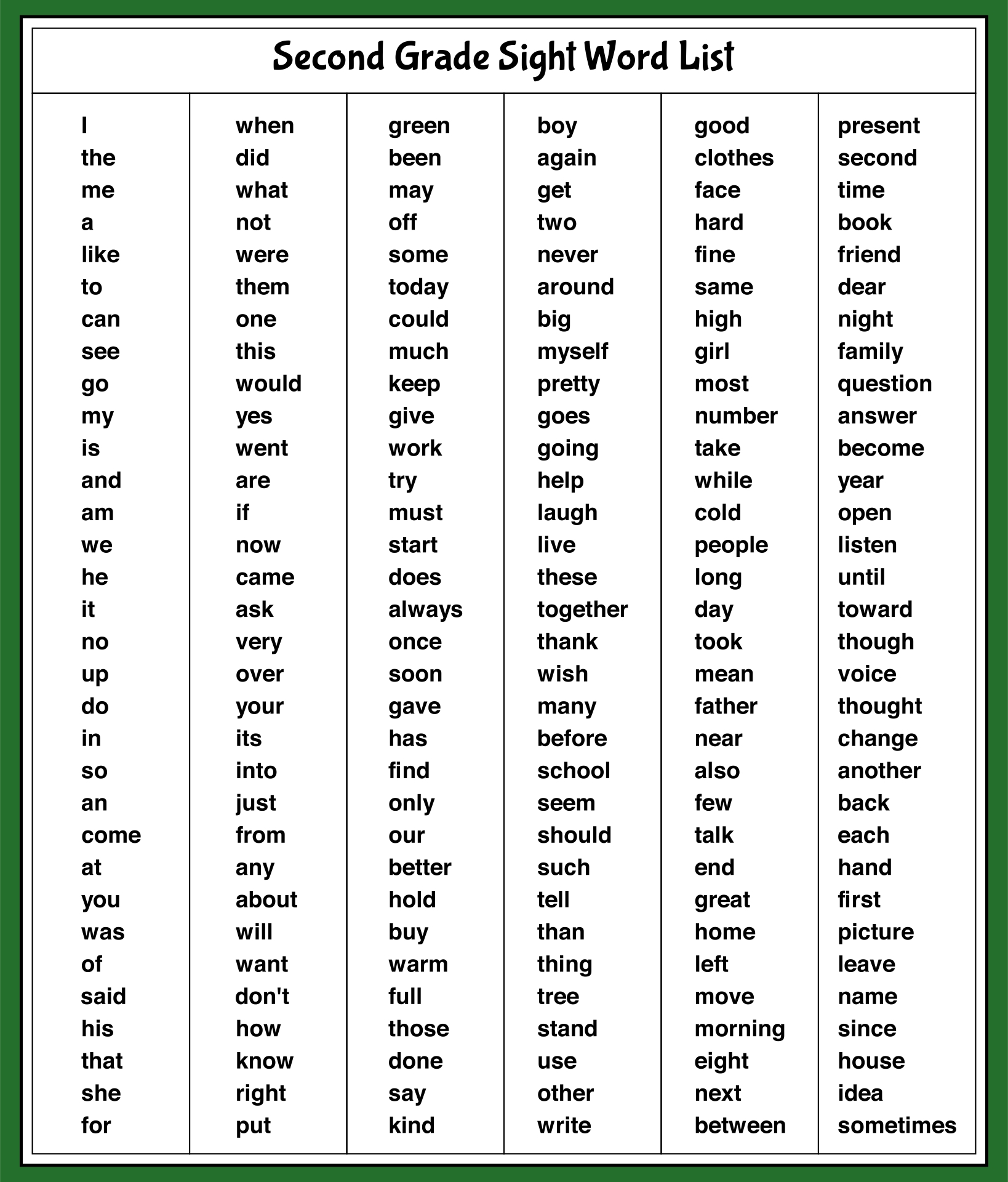 2nd Grade Sight Word List Printable