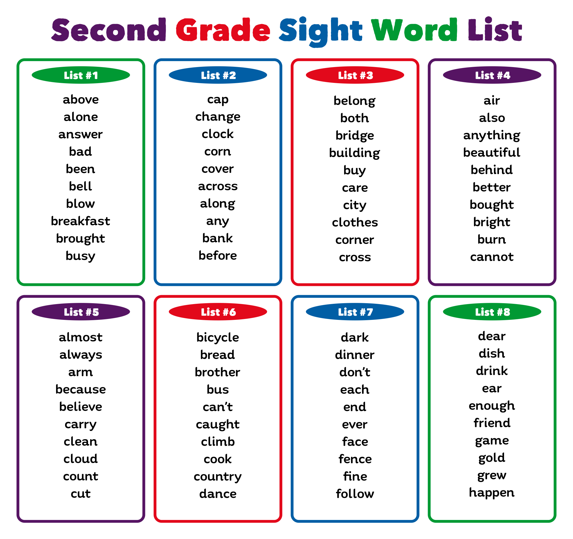 Second Grade Sight Words List Printable