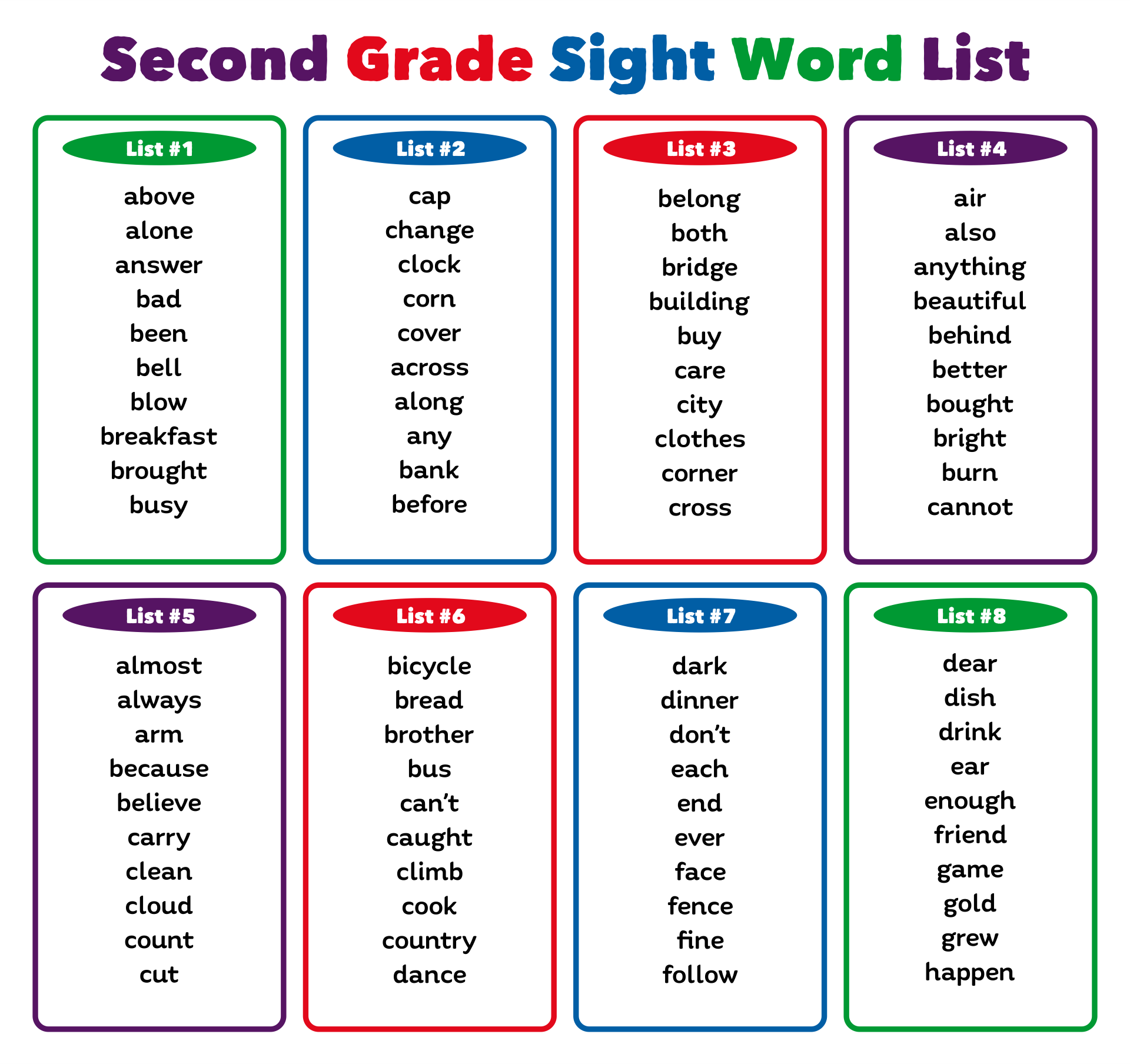 2nd Grade Sight Words Printables