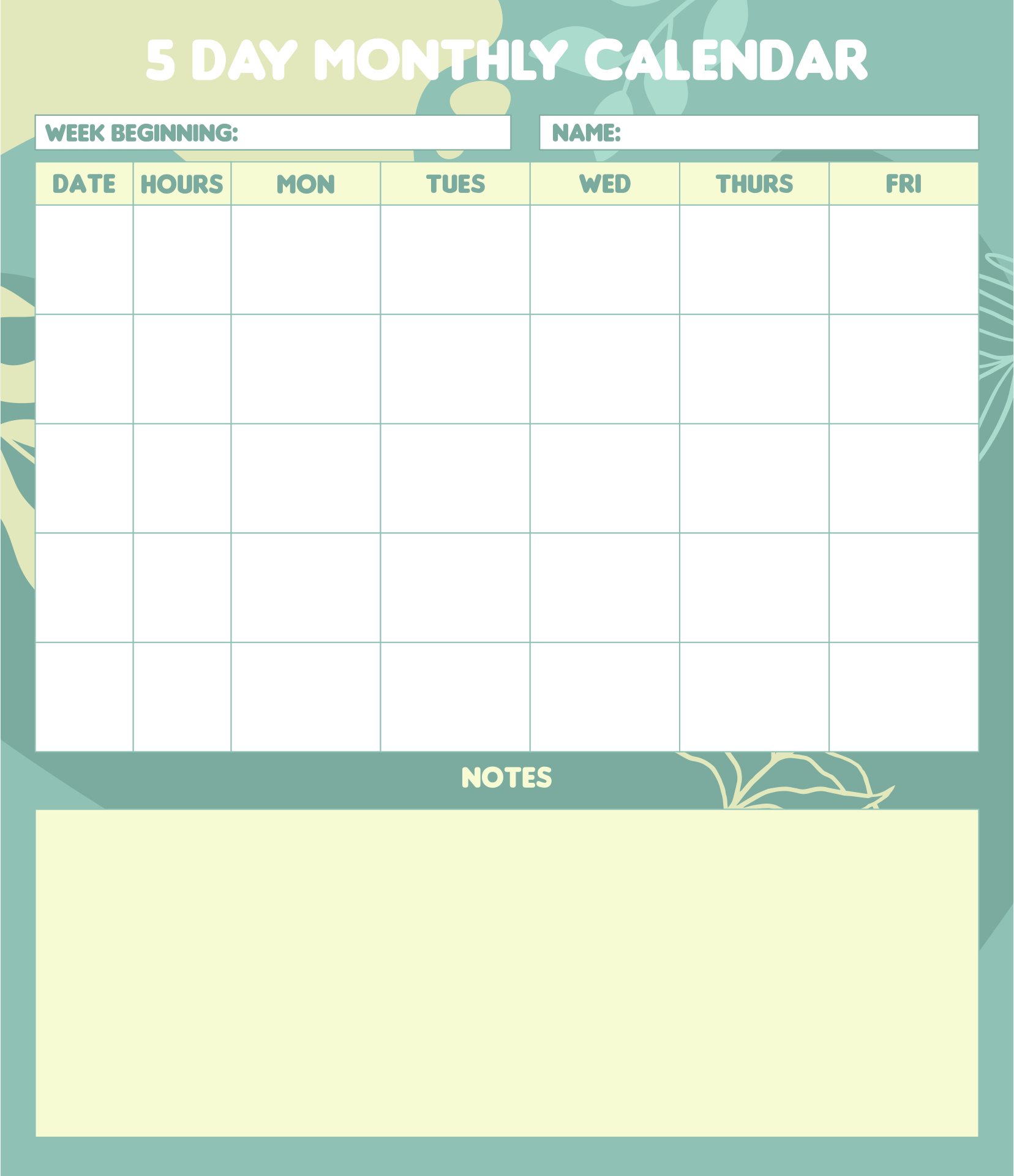 5 Day Monthly Calendar Printable