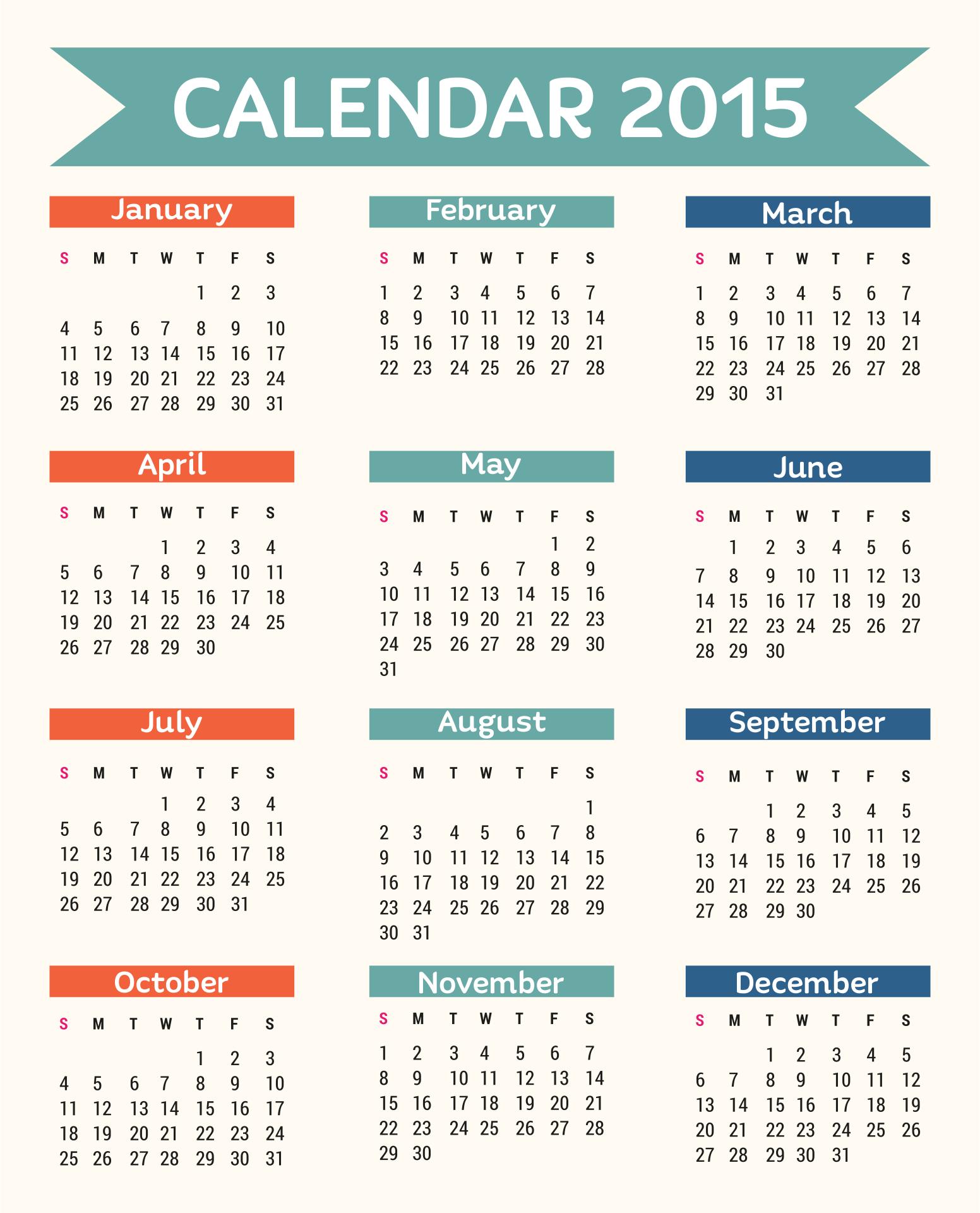 Printable 2015 Monthly Calendar Pages