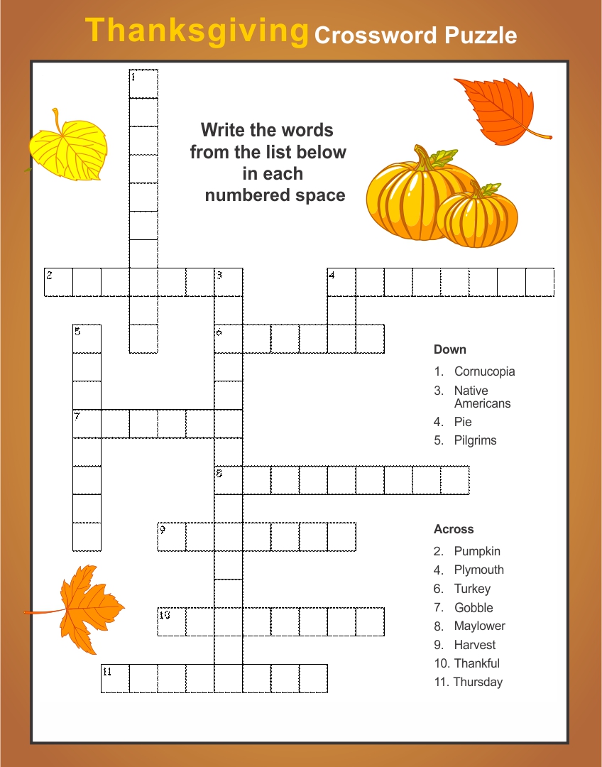 Thanksgiving Crossword Puzzle 3rd Grade