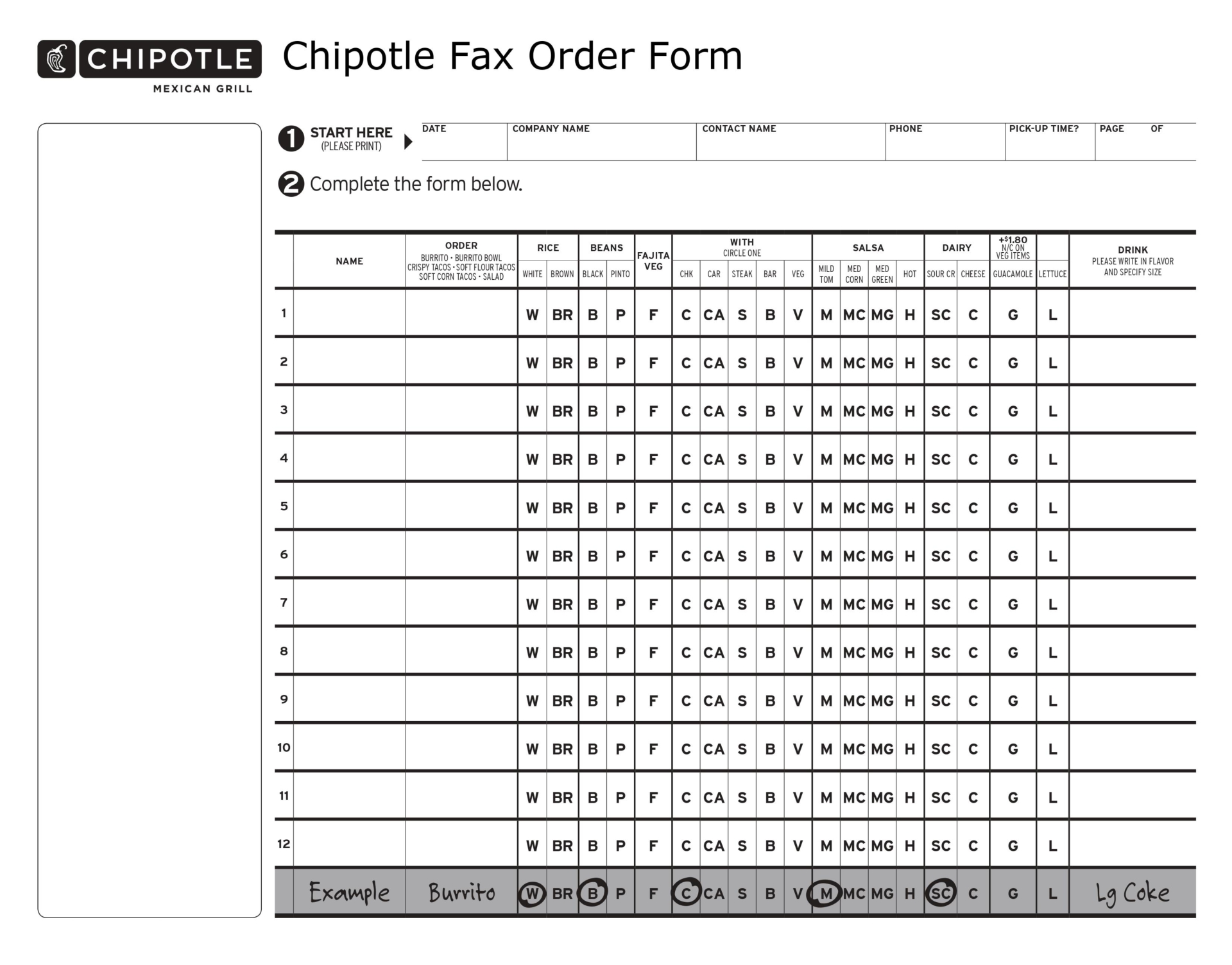 Chipotle Fax Order Form PDF