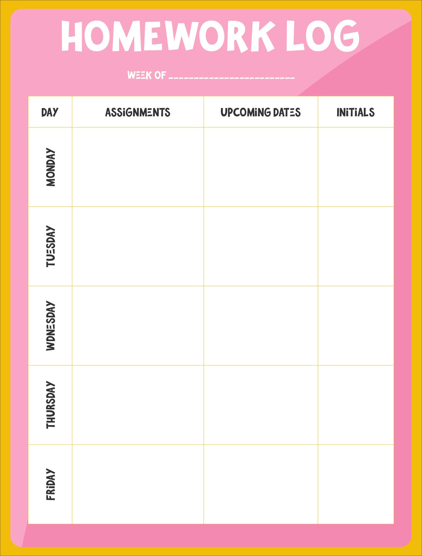 Printable Homework Log Sheet