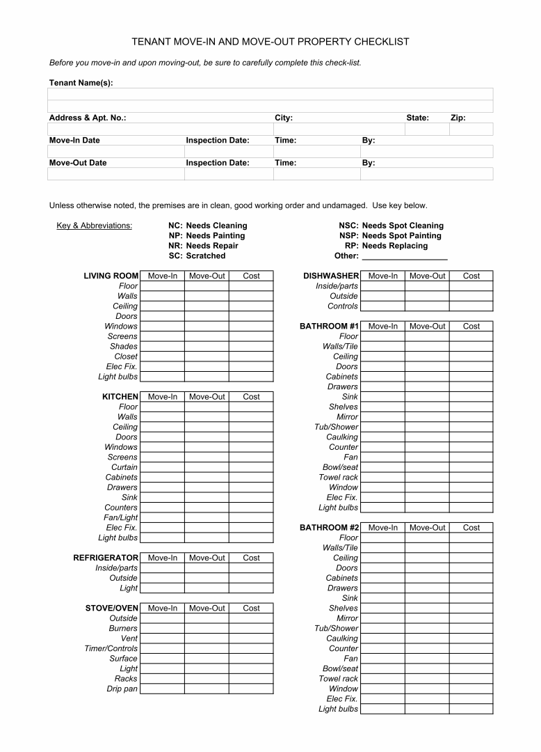 Printable Cleaning Checklist Forms