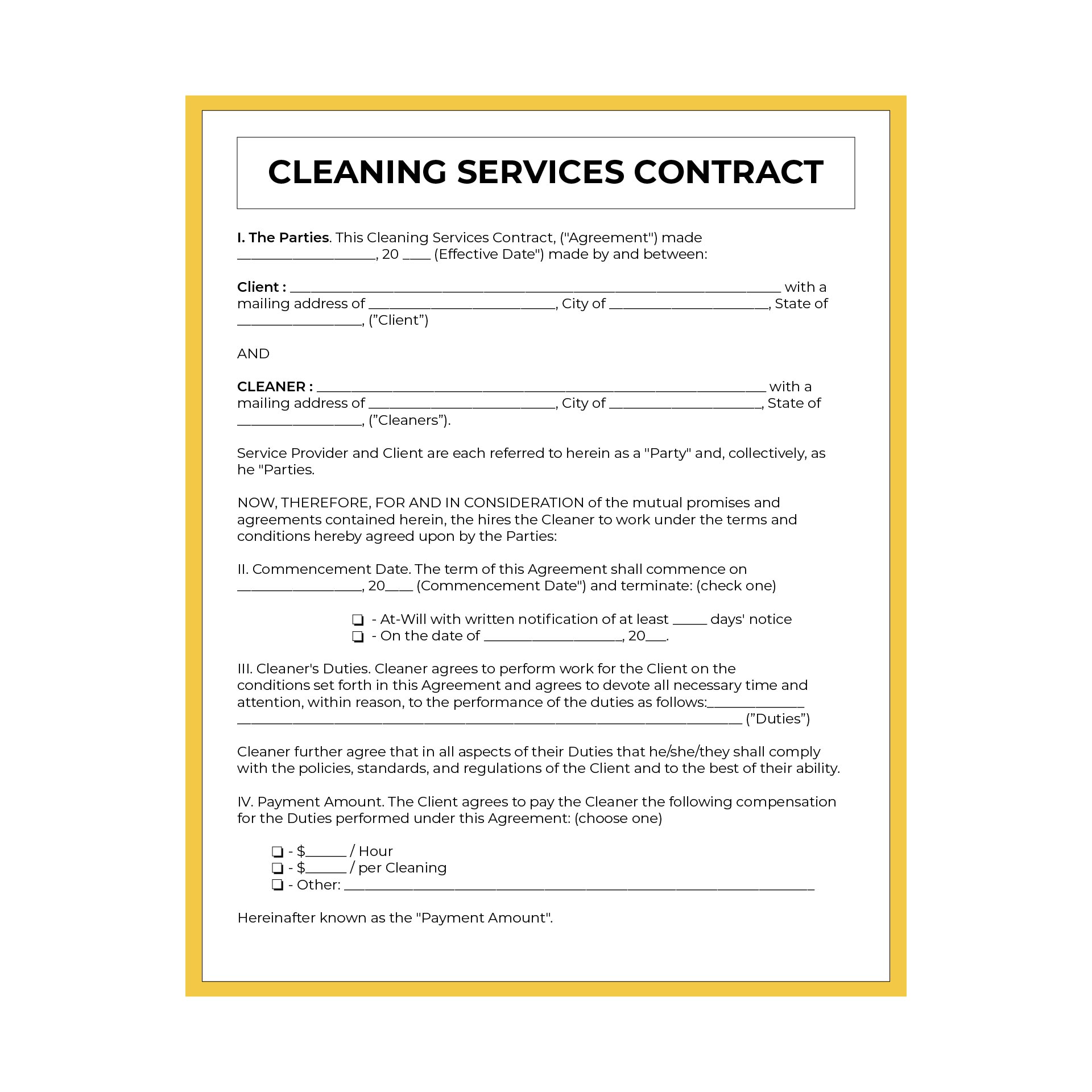 Printable Cleaning Contract Forms