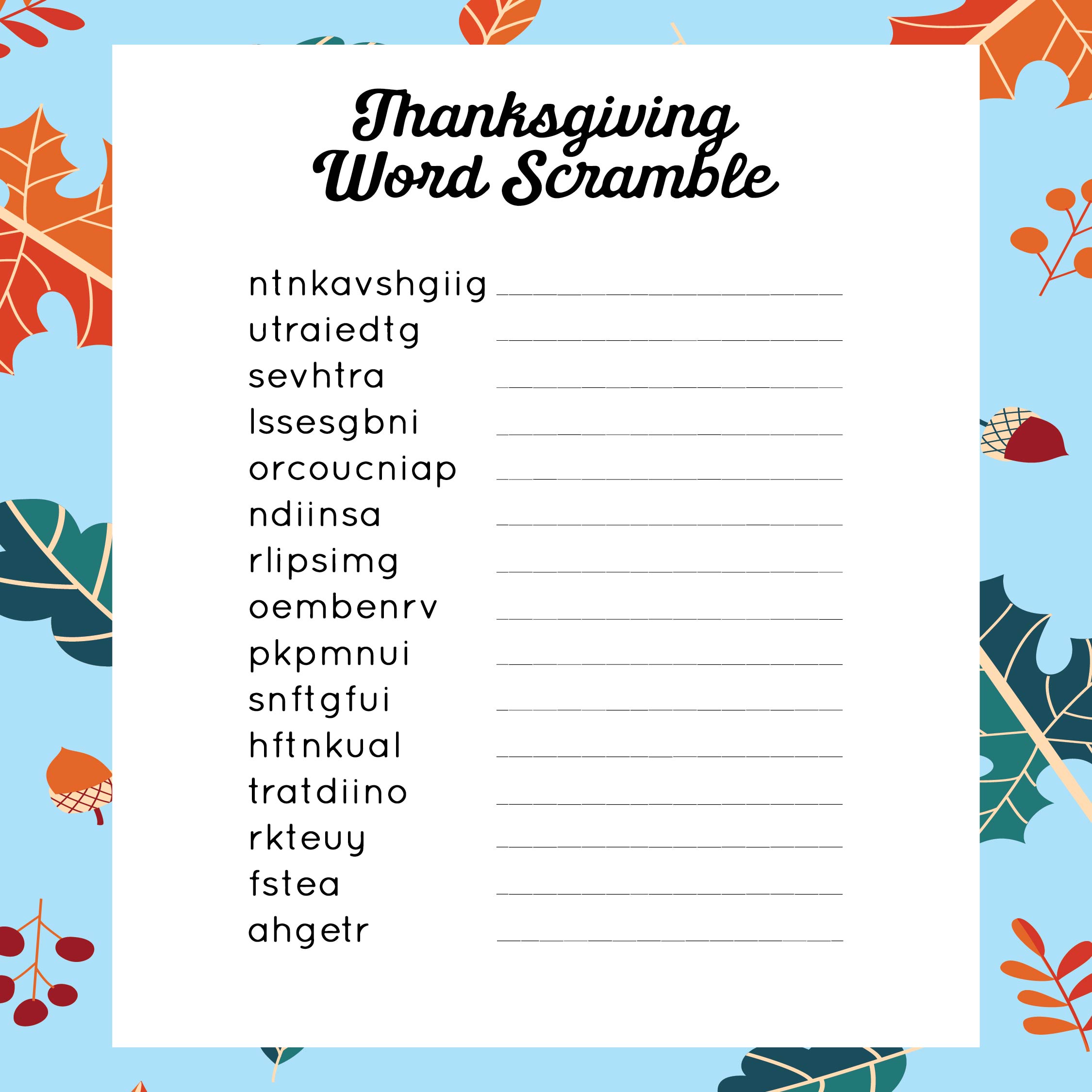 10 Best Printable Thanksgiving Word Scramble Game