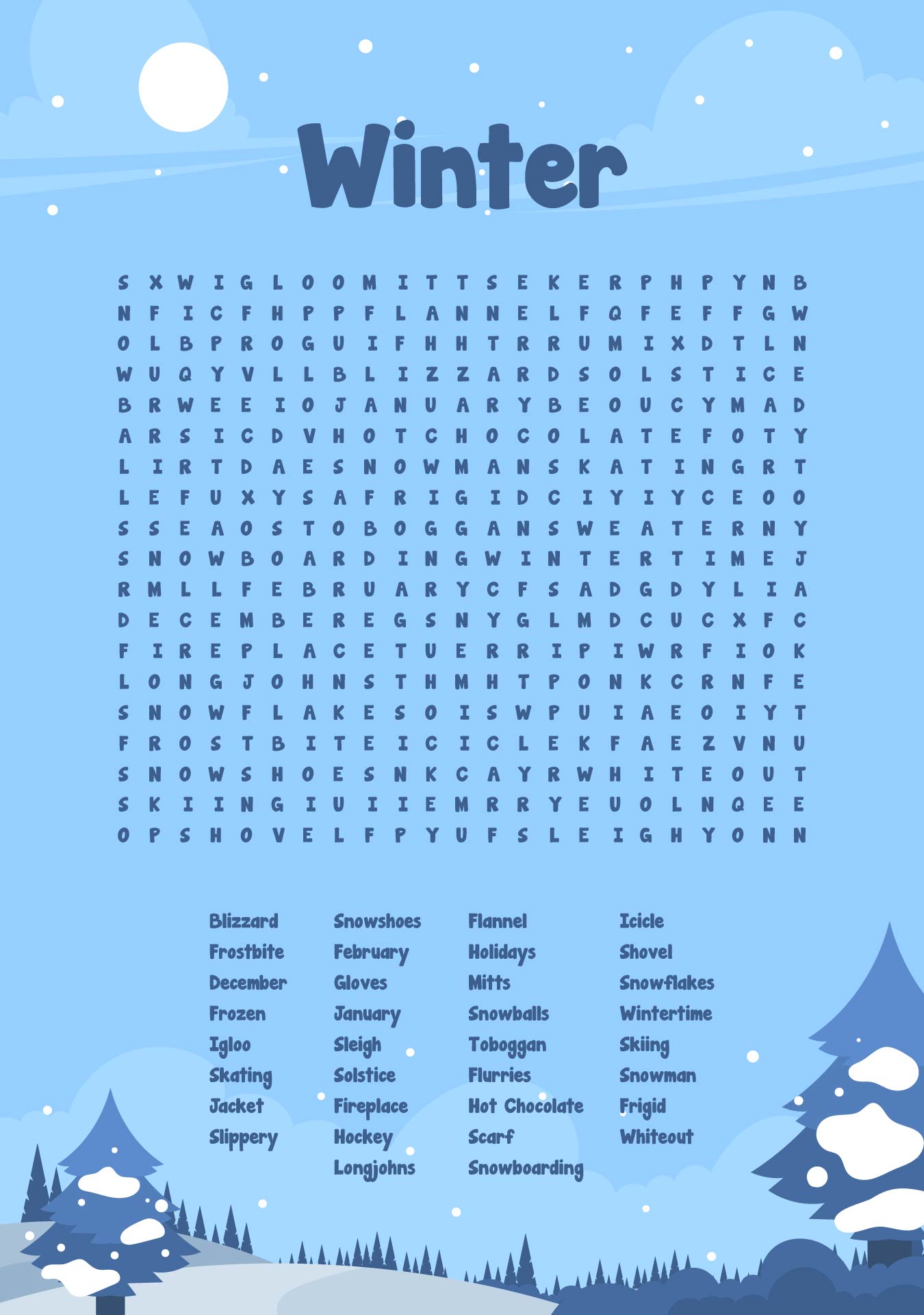 Printable Winter Word Search Difficult