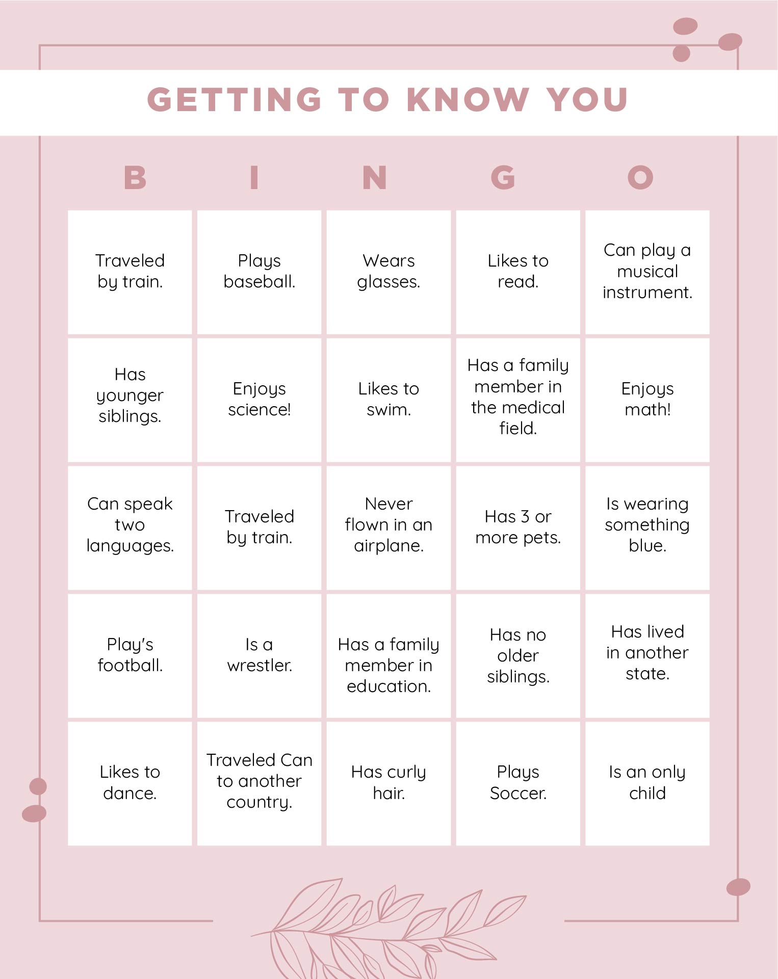 Getting to Know You Bingo