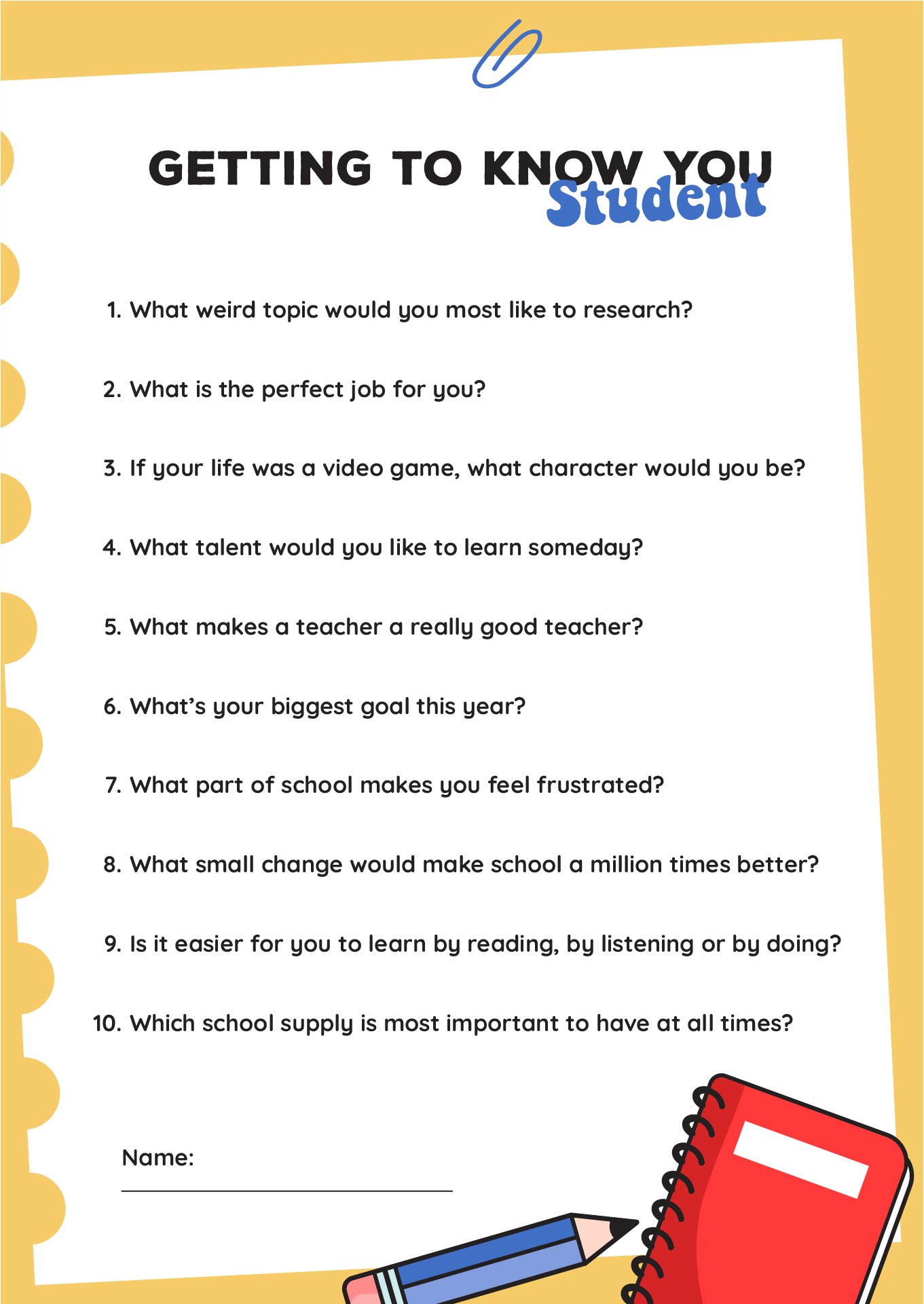 Getting to Know You Questions for Students