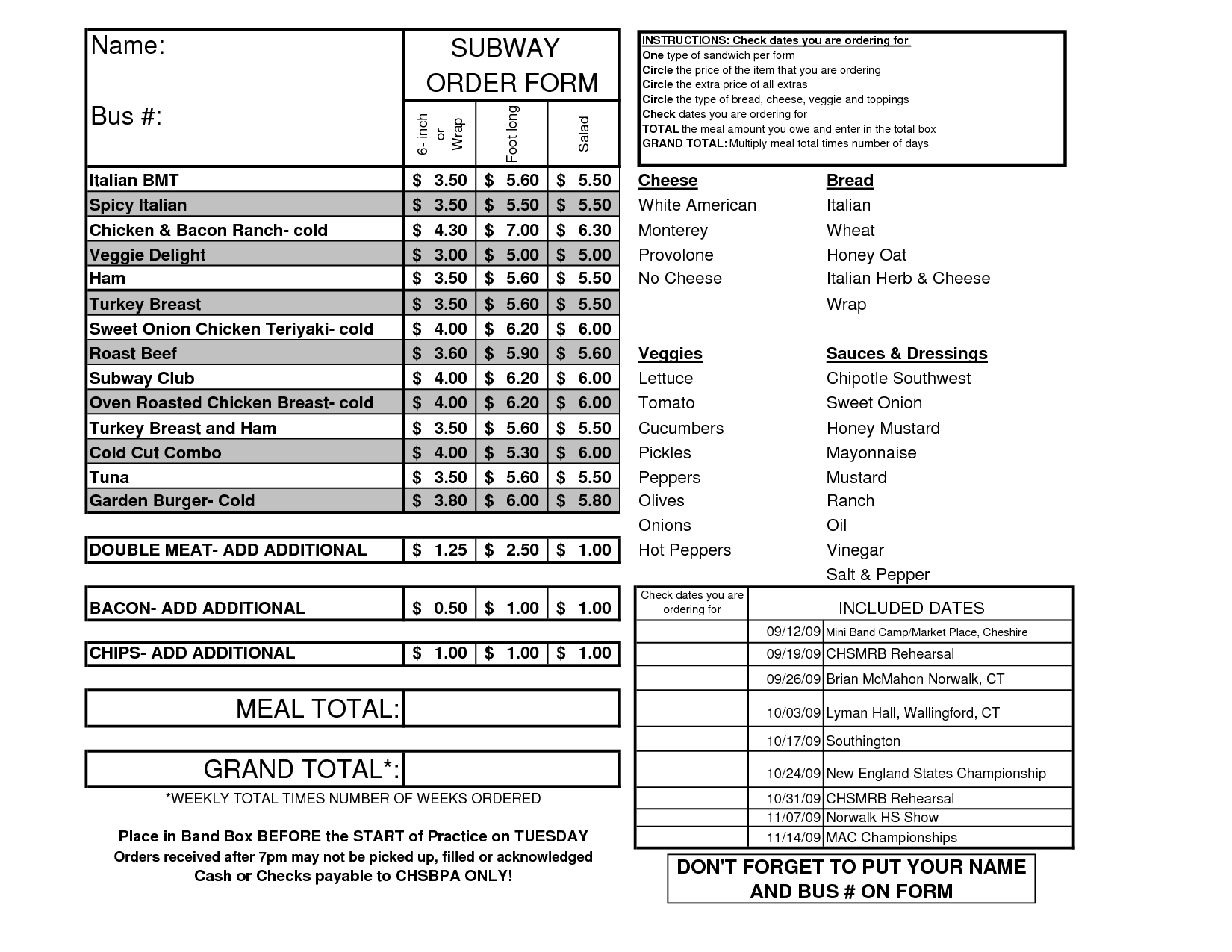 Printable Subway Order Form
