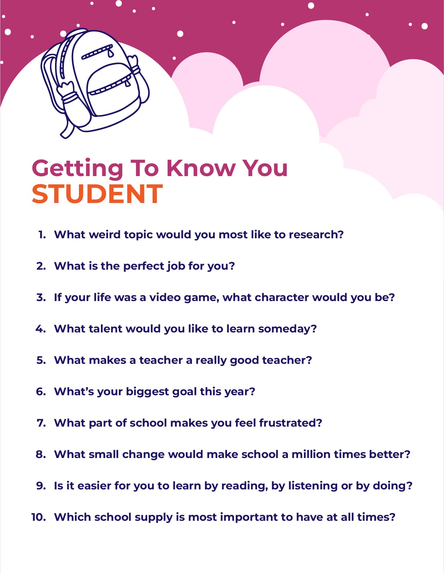 Student Getting to Know You Worksheet