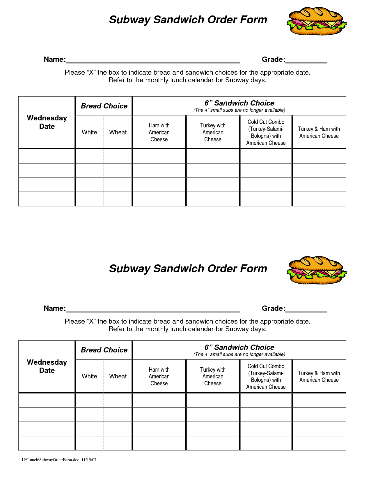 Subway Sandwich Order Form Template