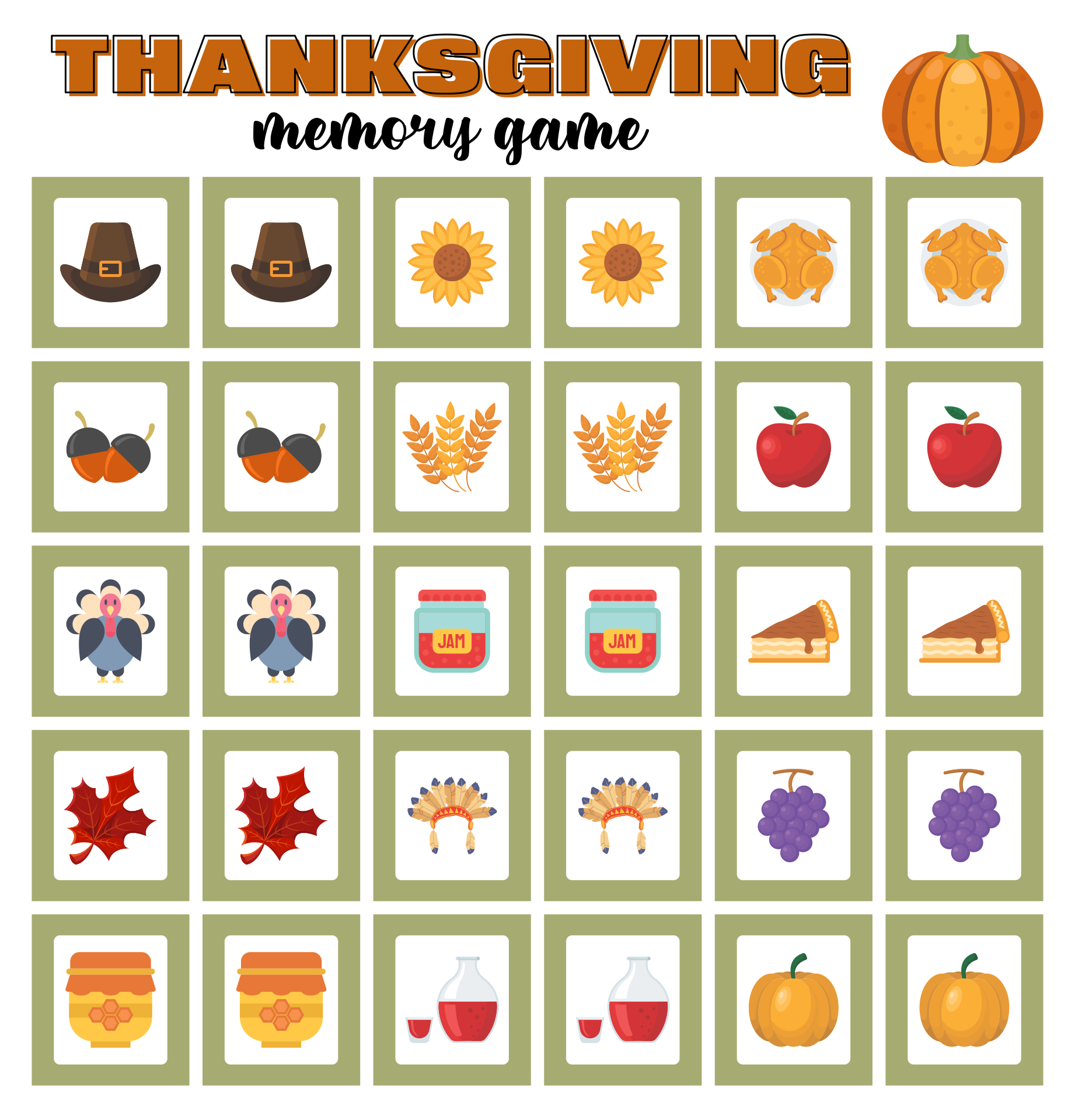  Printable Thanksgiving Memory Game