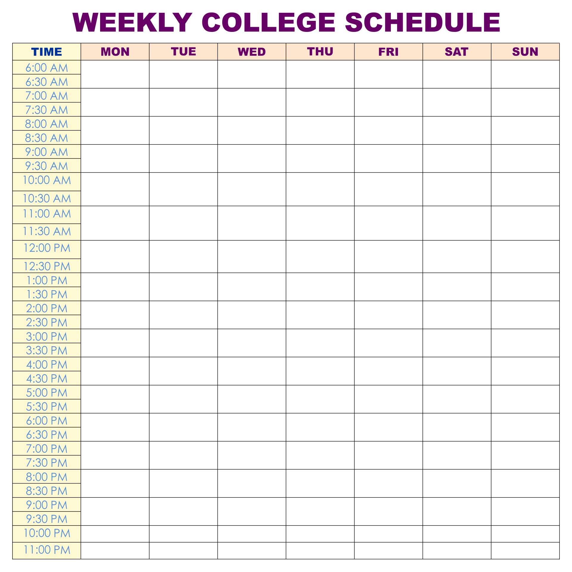 College Class Schedule Template Weekly