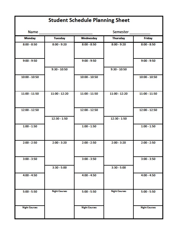 College Class Schedule Template from www.printablee.com