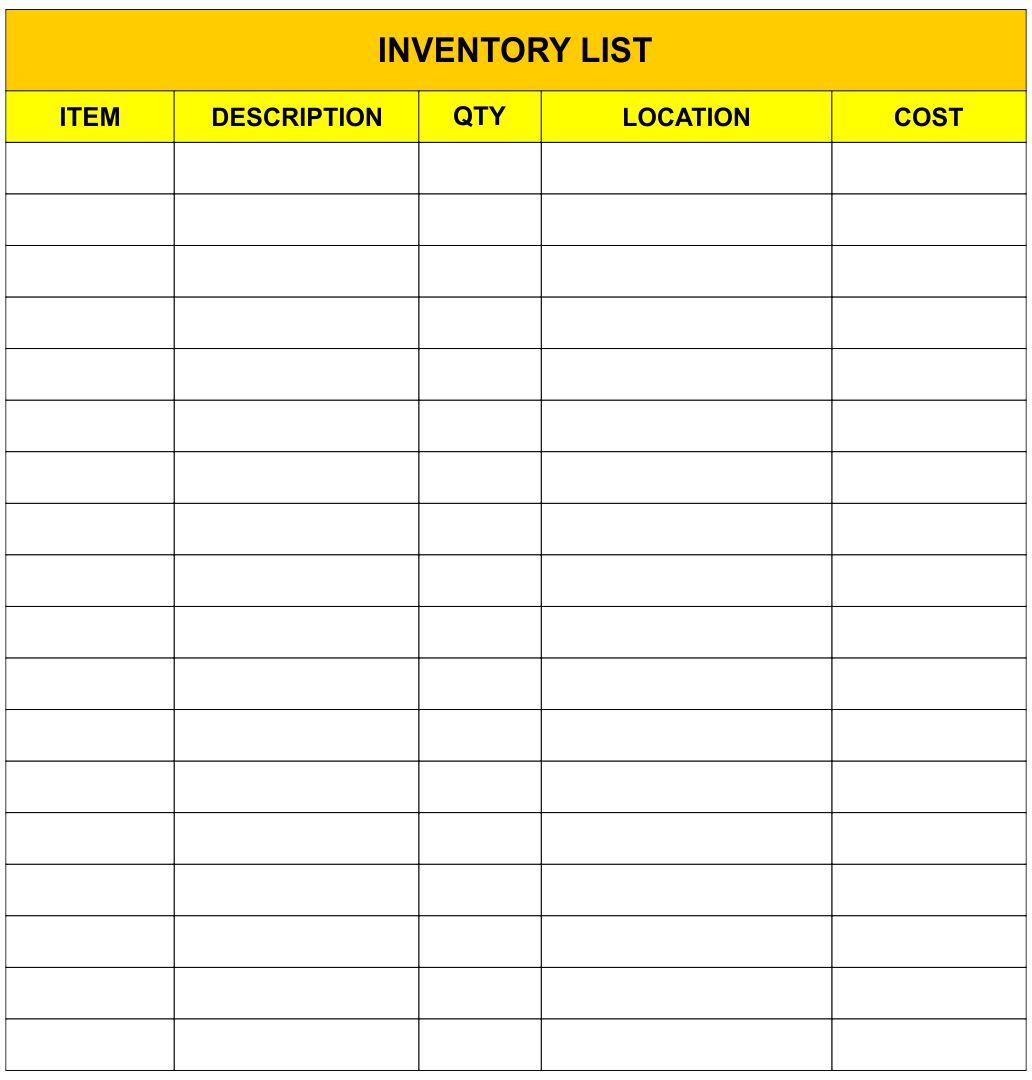 product inventory list template