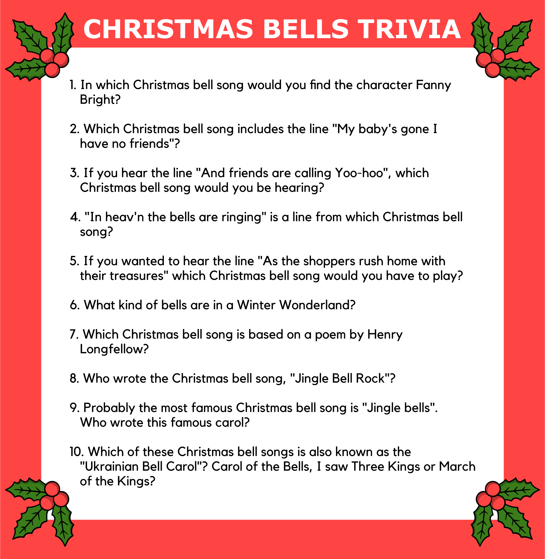 Printable Christmas Trivia Worksheets