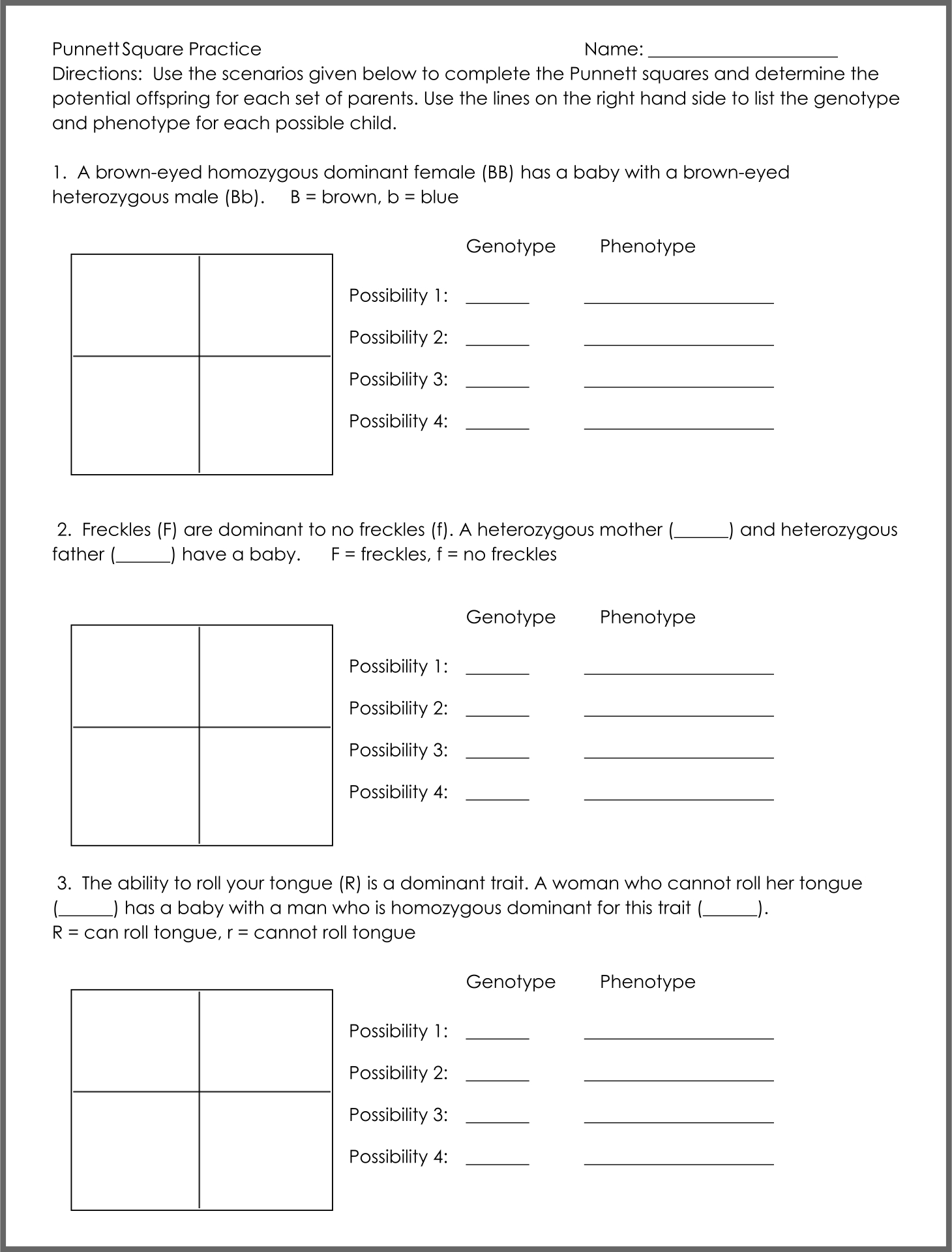 Simple Punnett Square Worksheets Free