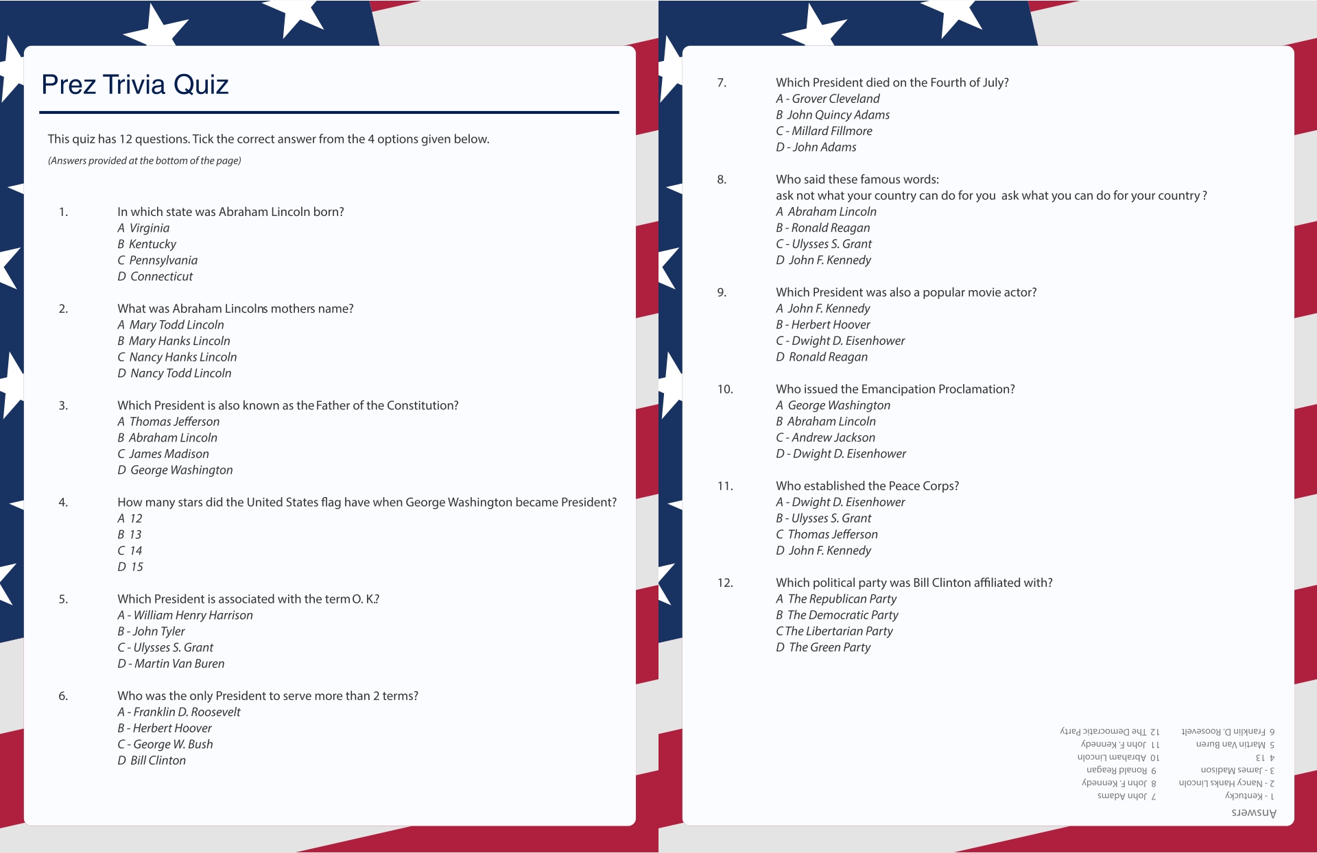 4th of July Printable Trivia Game