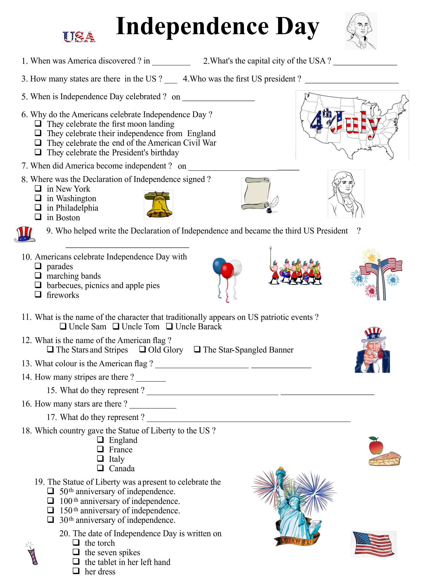4th of July Trivia Quiz Printable