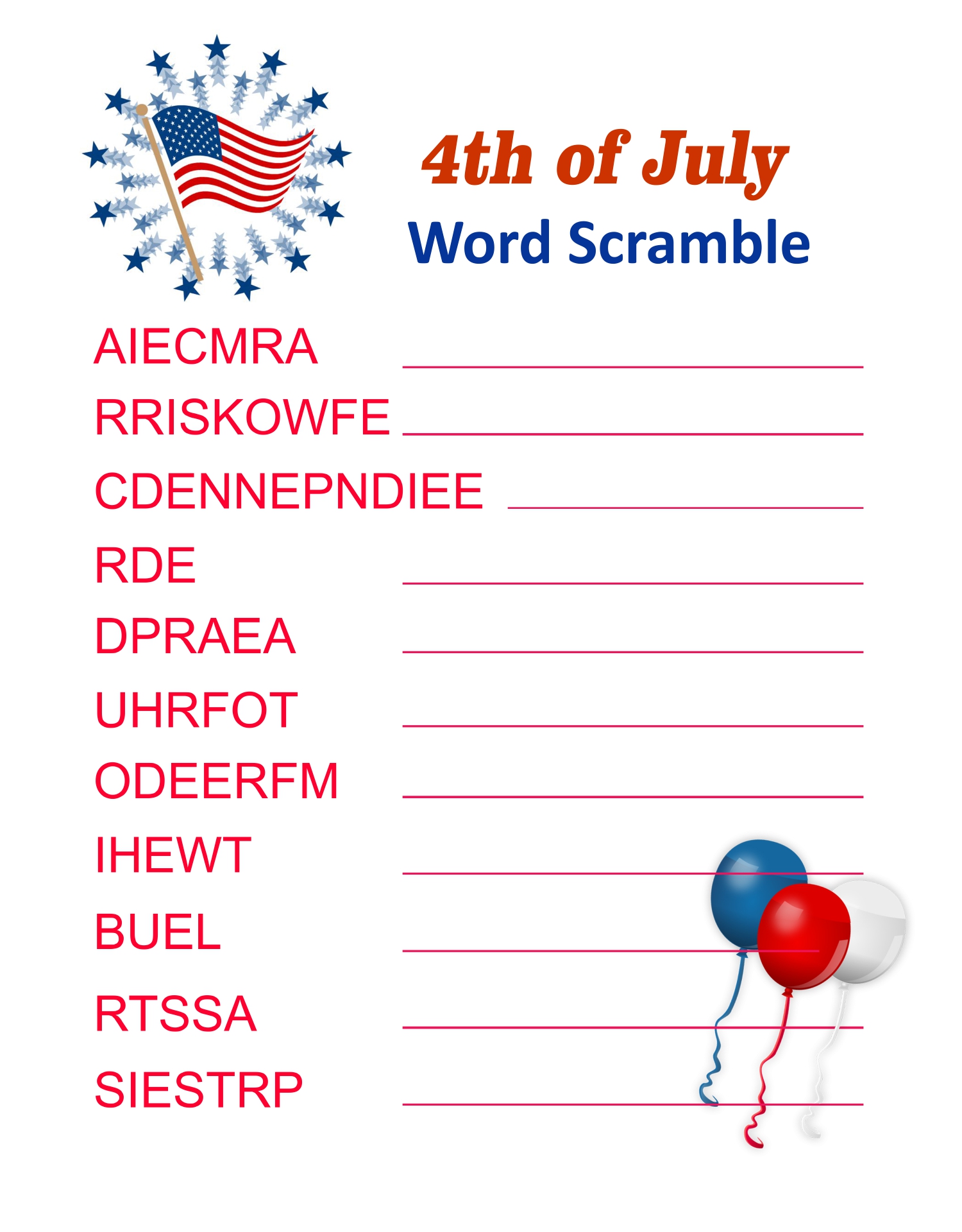 4th of July Word Scramble Printables