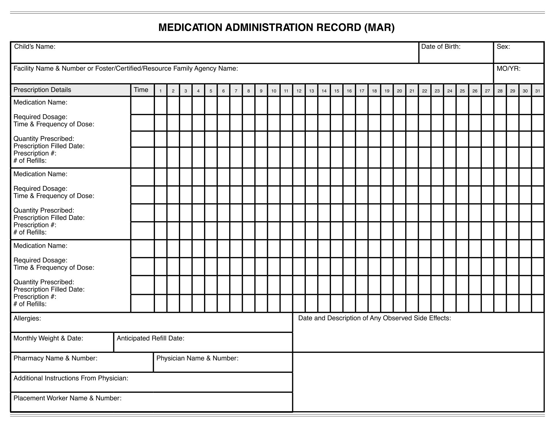 10 Best Printable Medication Administration Record Template
