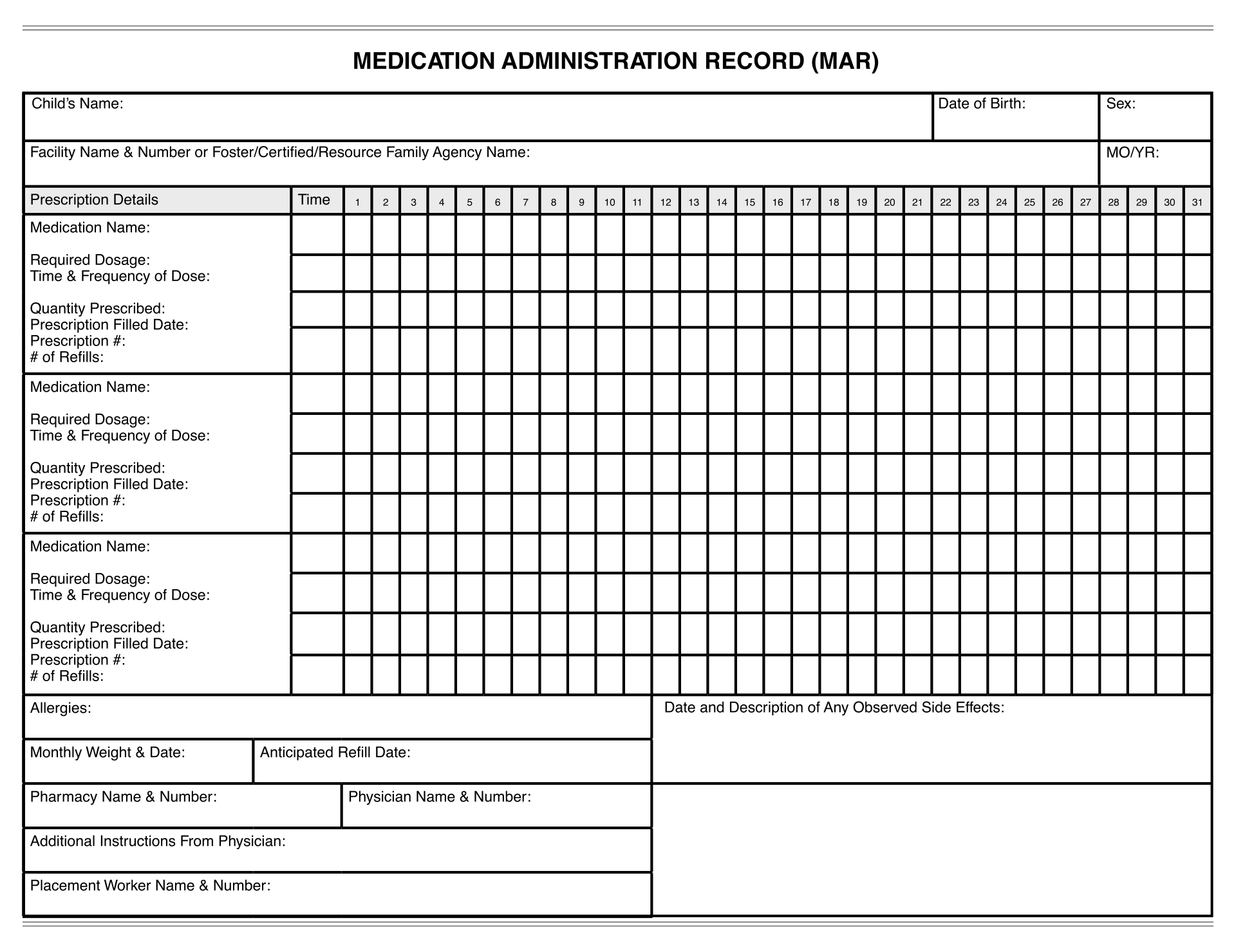 Medication Chart Template Free Download from www.printablee.com