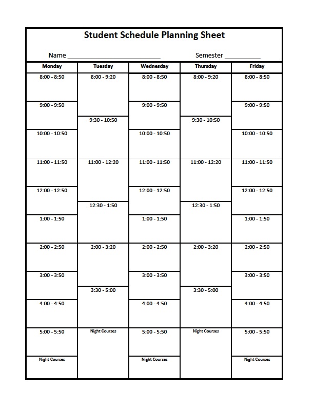 College Student Blank Class Schedule