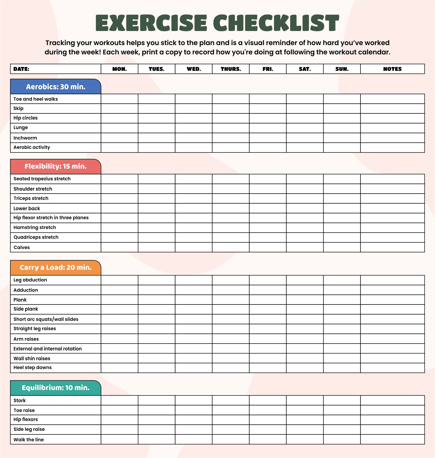 Exercise Checklist Template