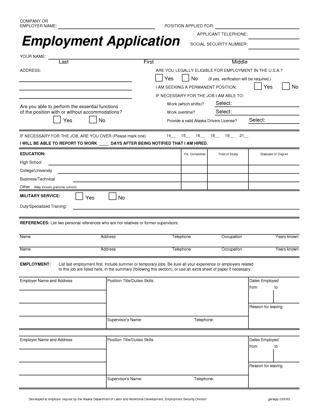 Job Printable Employment Application Form