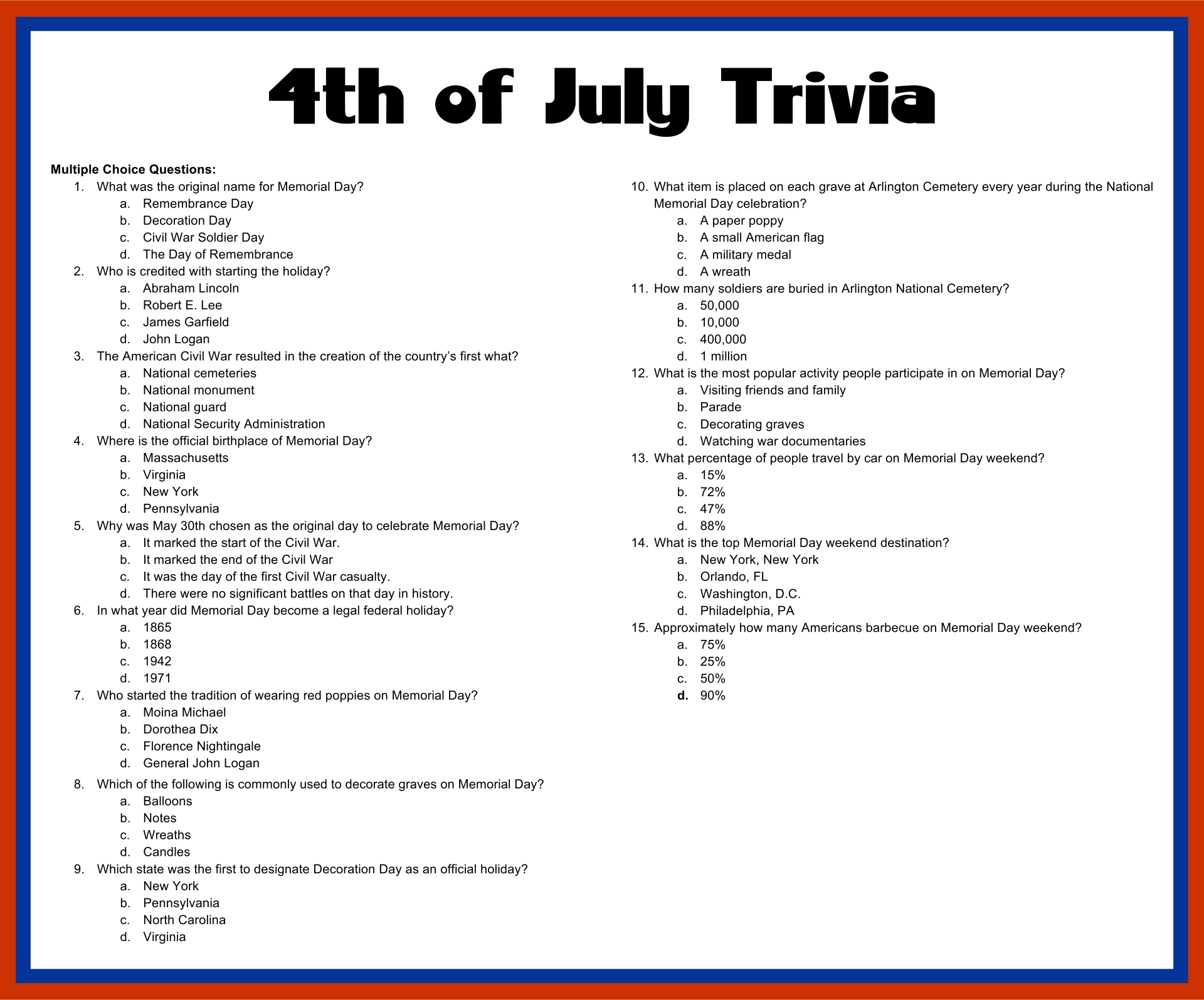 10 Best Fourth Of July Trivia Printable Printablee Com