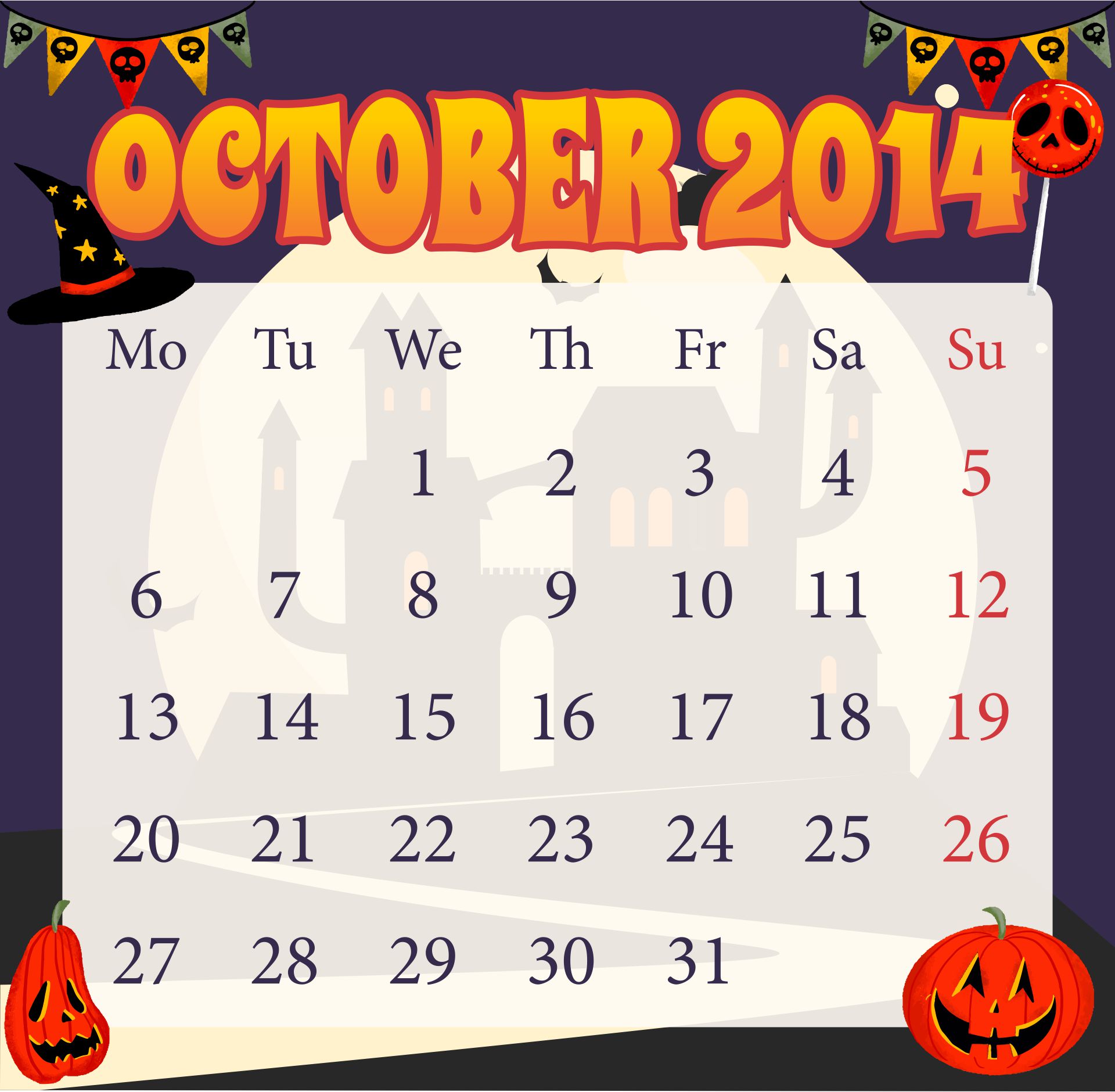 Halloween October 2014 Calendar Printable