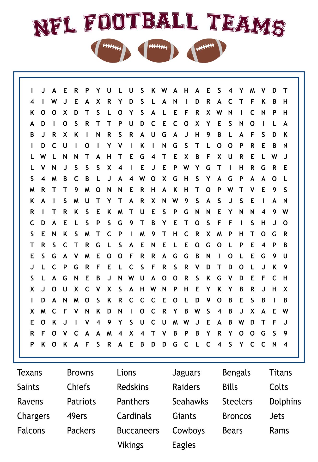 NFL Football Team Word Search Printable