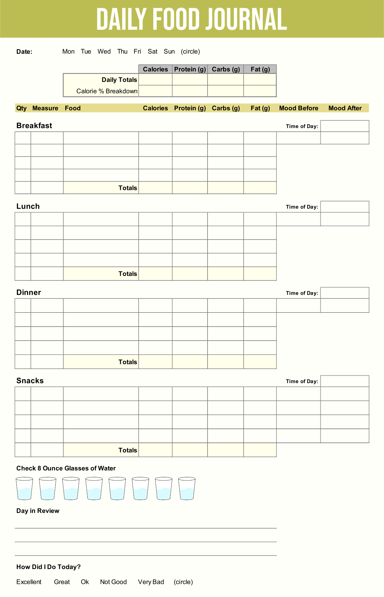 Daily Food Diary Template from www.printablee.com