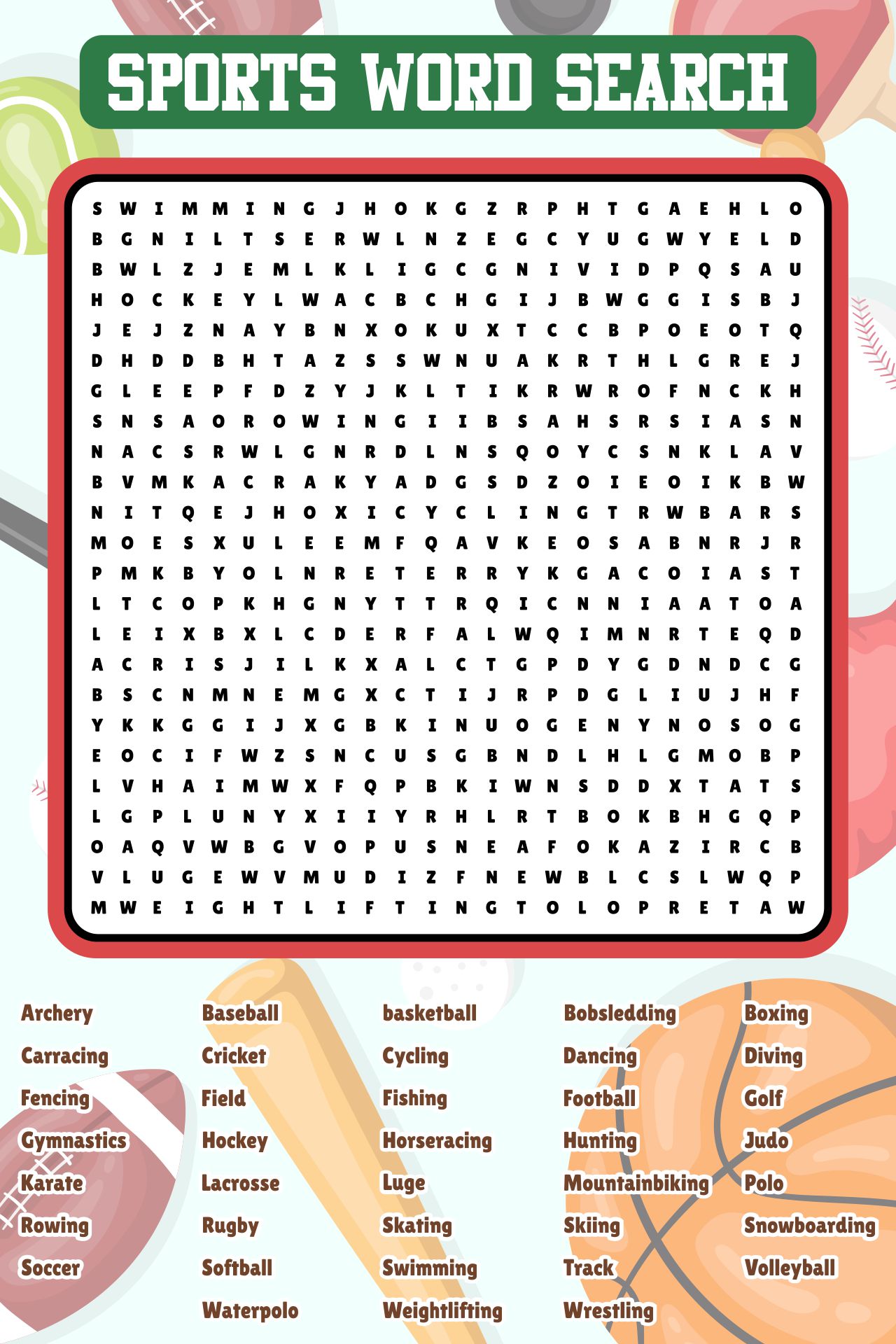 Sports Word Search Printable Large