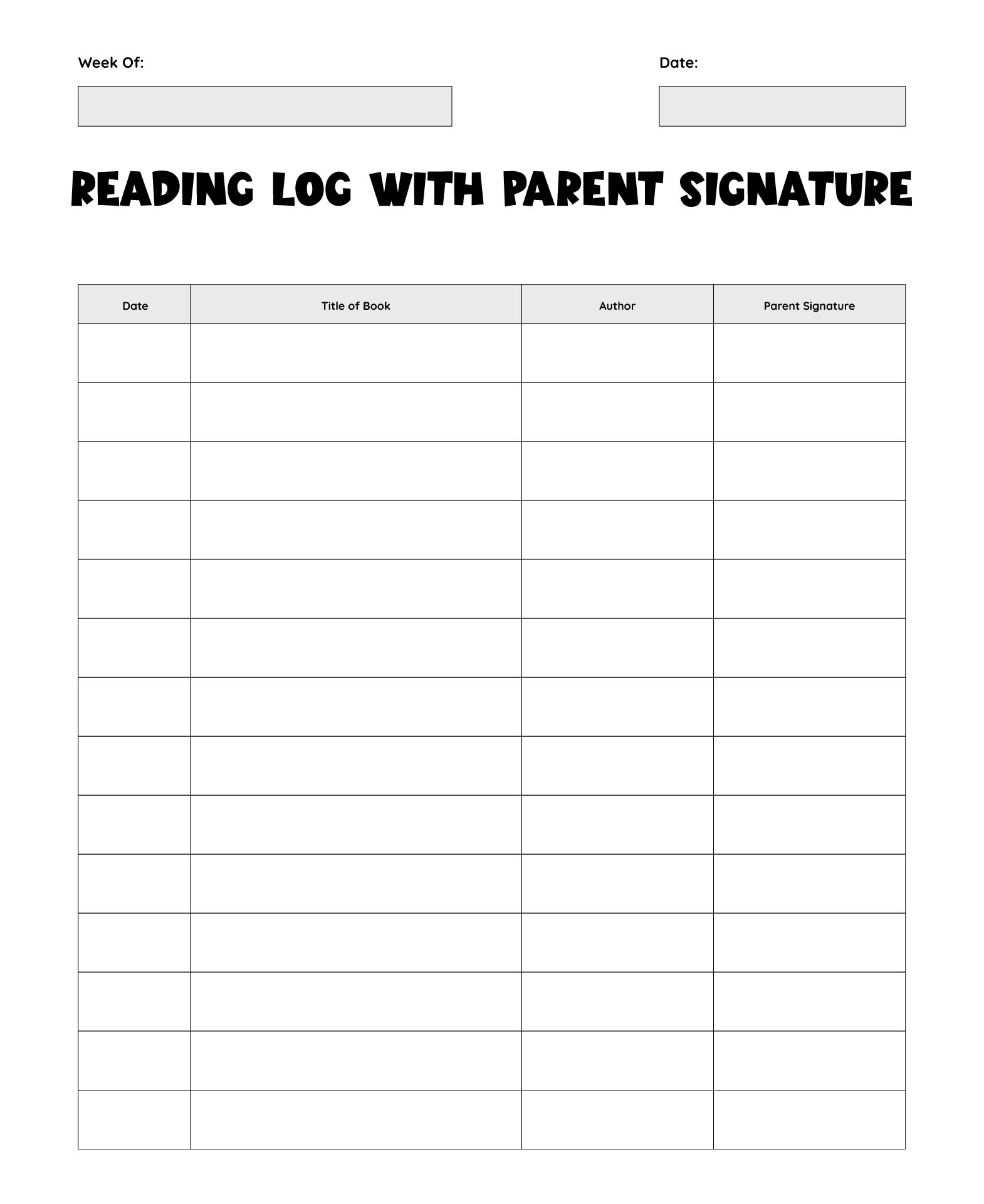 Reading Log with Parent Signature
