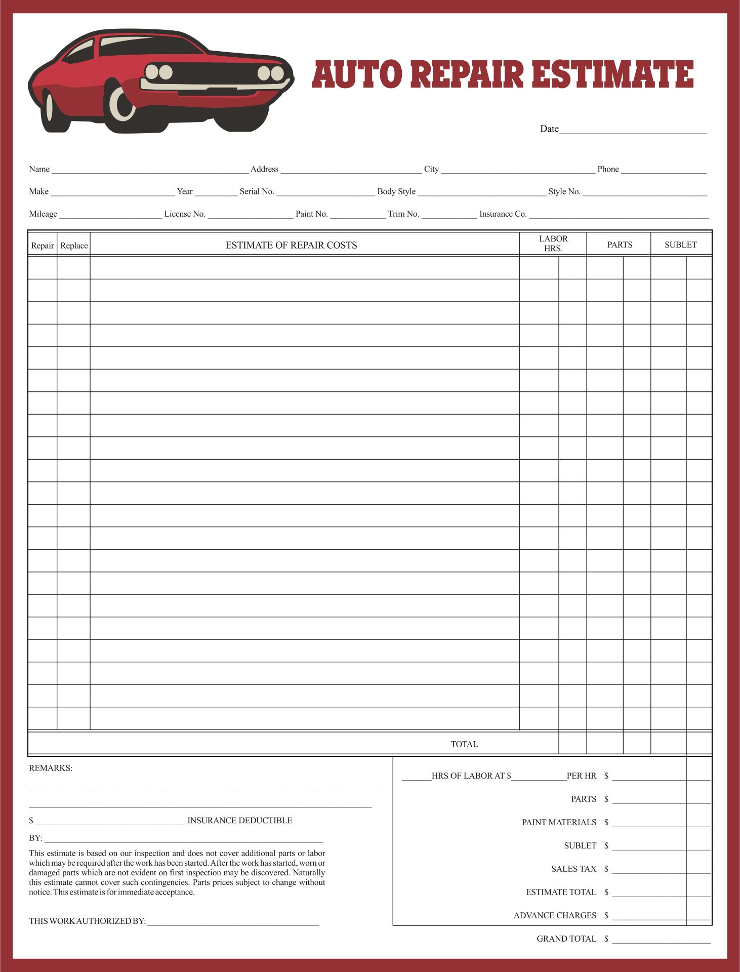 Free Printable Auto Shop Diagnosis Forms Printable Forms Free Online