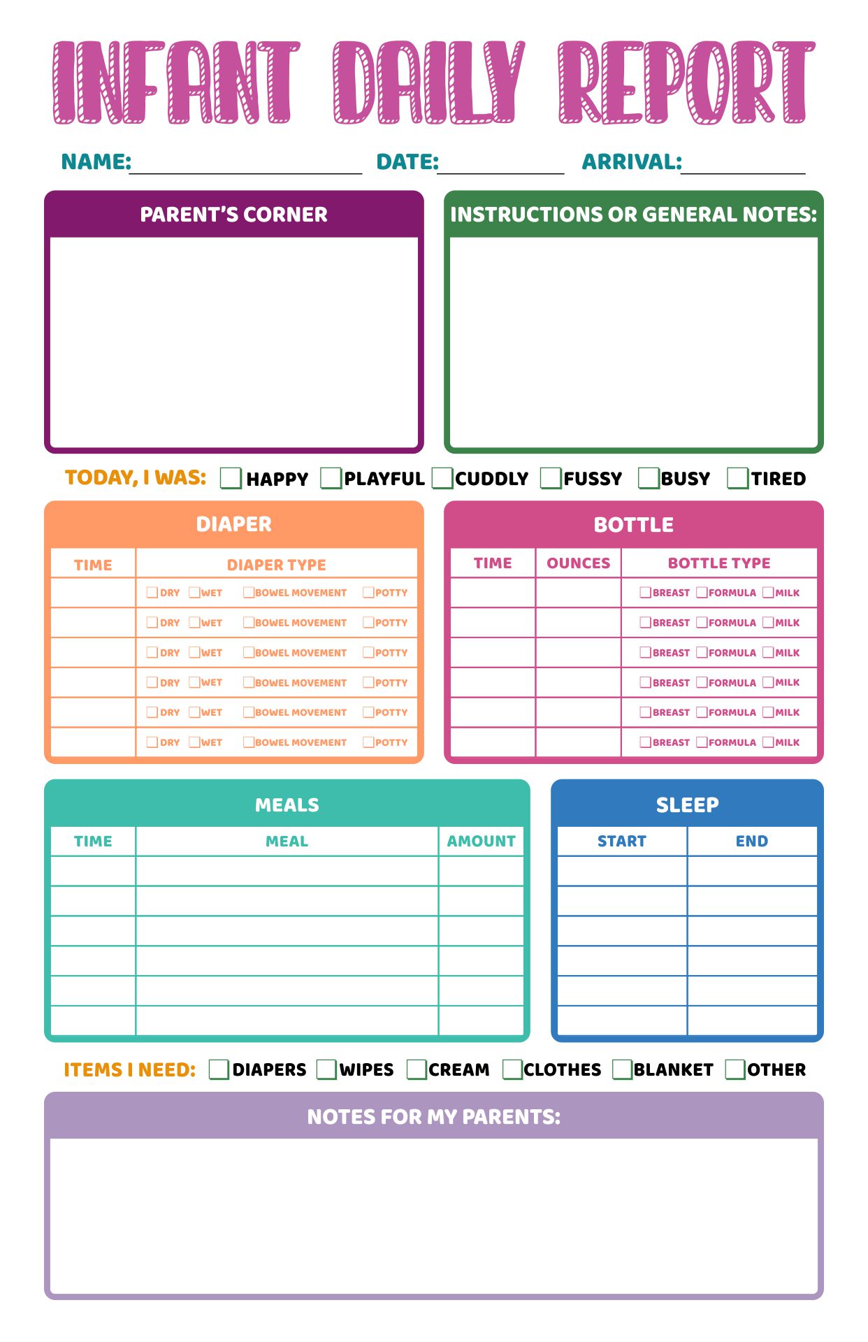 Day Care Infant Daily Report Sheets Printables