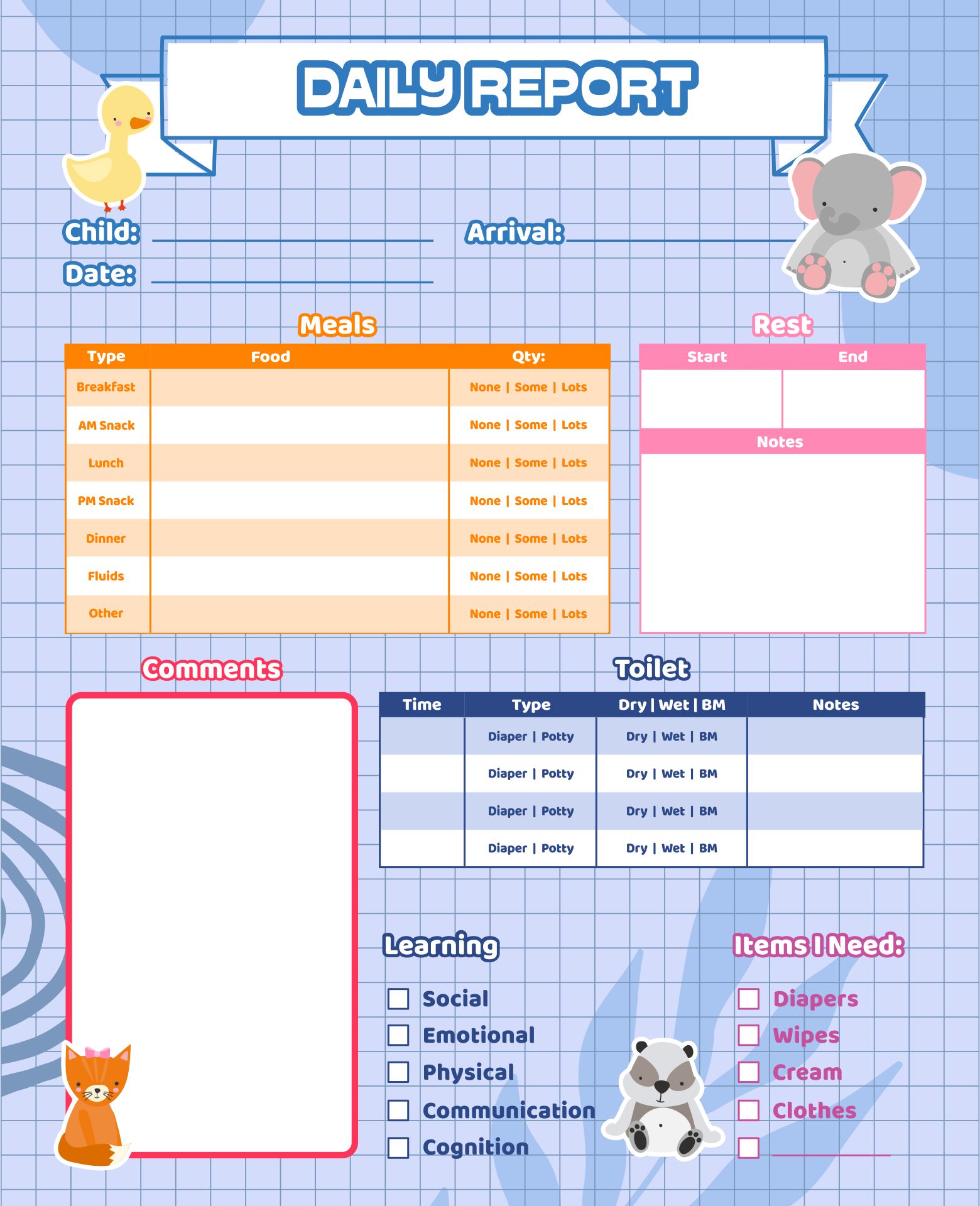 Day Care Infant Daily Report Sheets