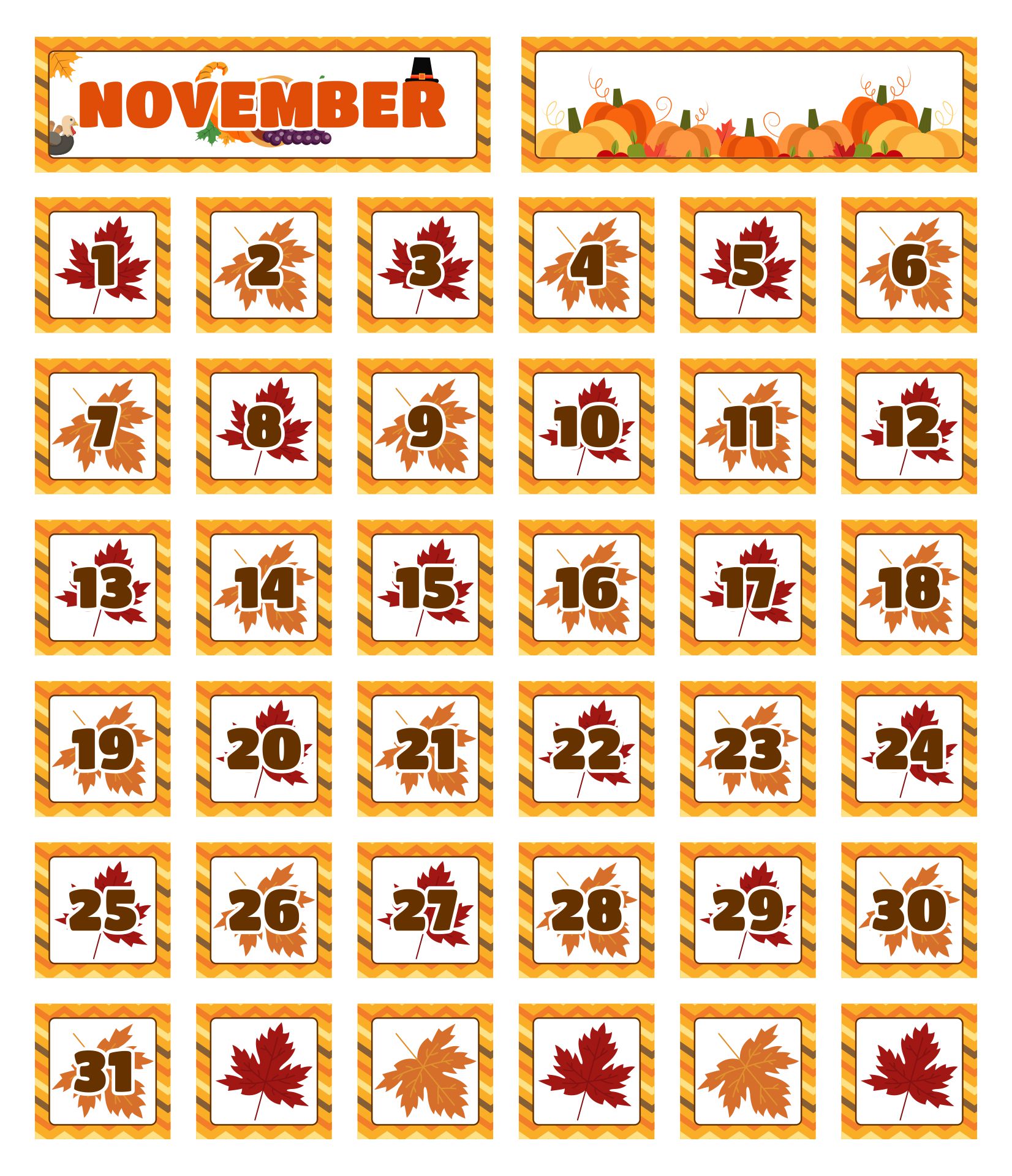 Printable Thanksgiving Calendar Pieces