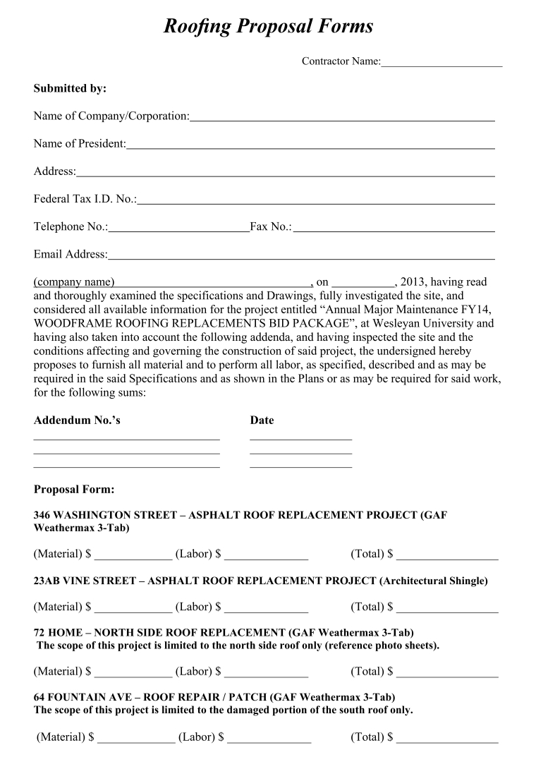 Roofing Proposal Forms