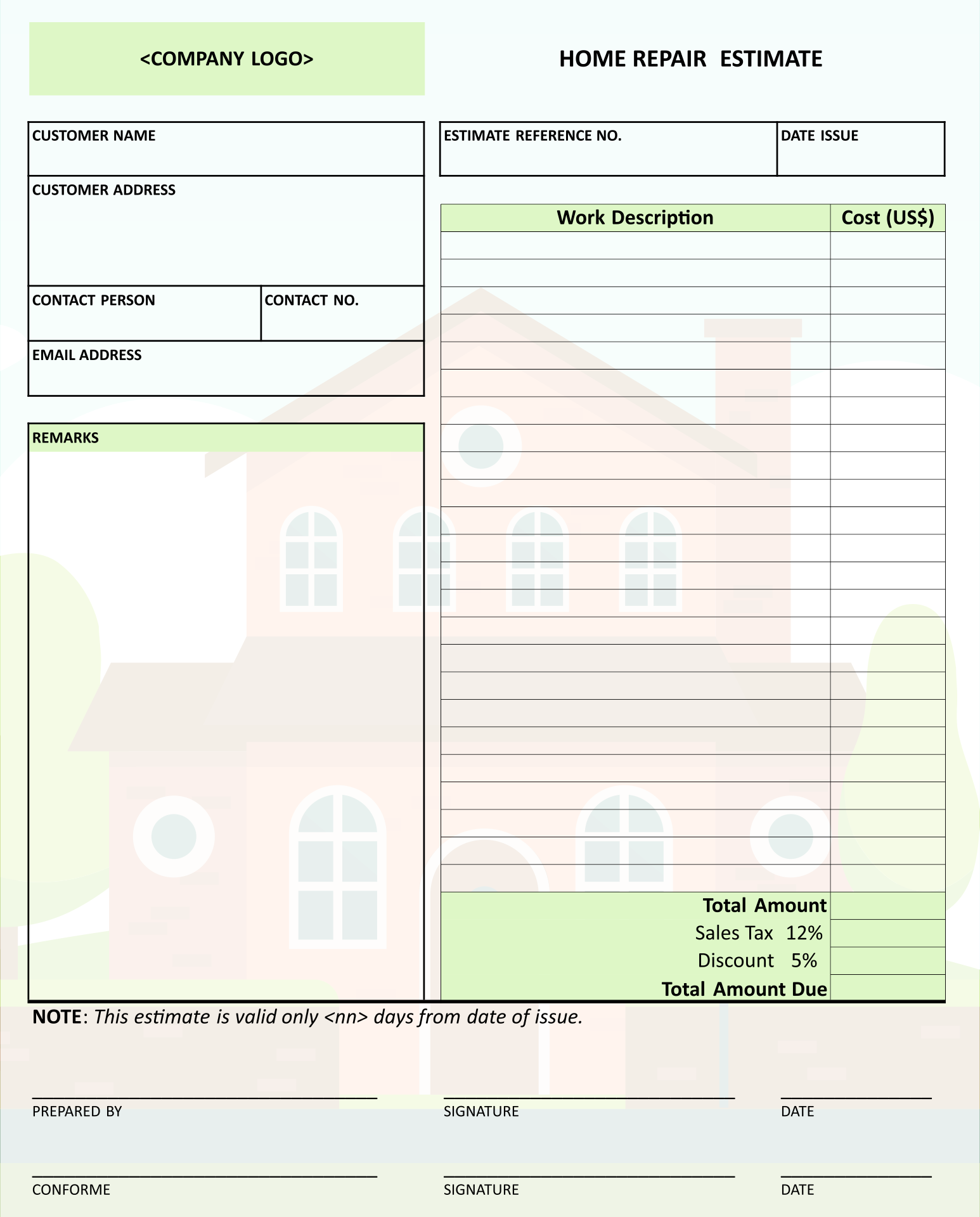 Home Repair Estimate Form