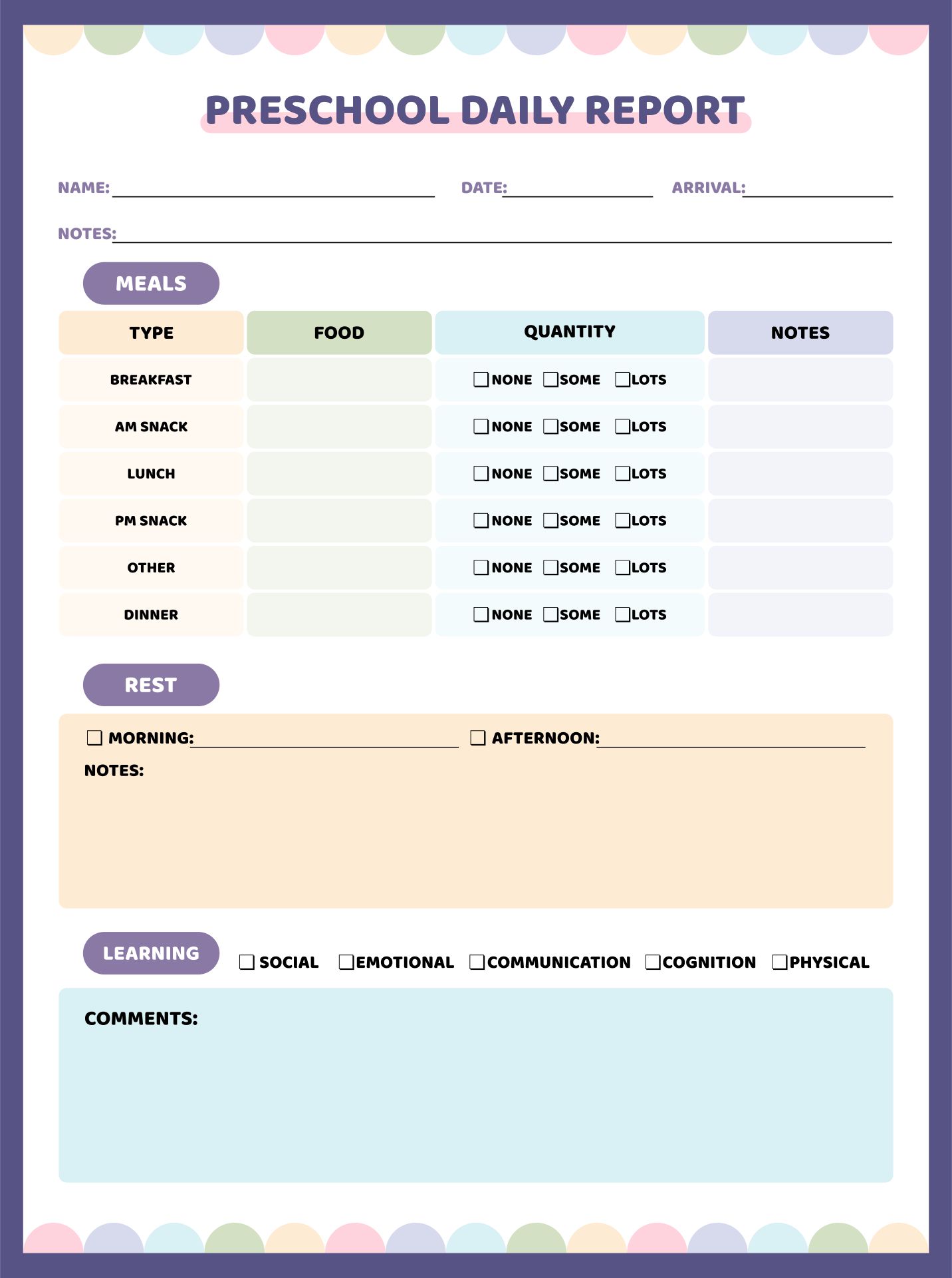 Preschool Daily Reports Printable