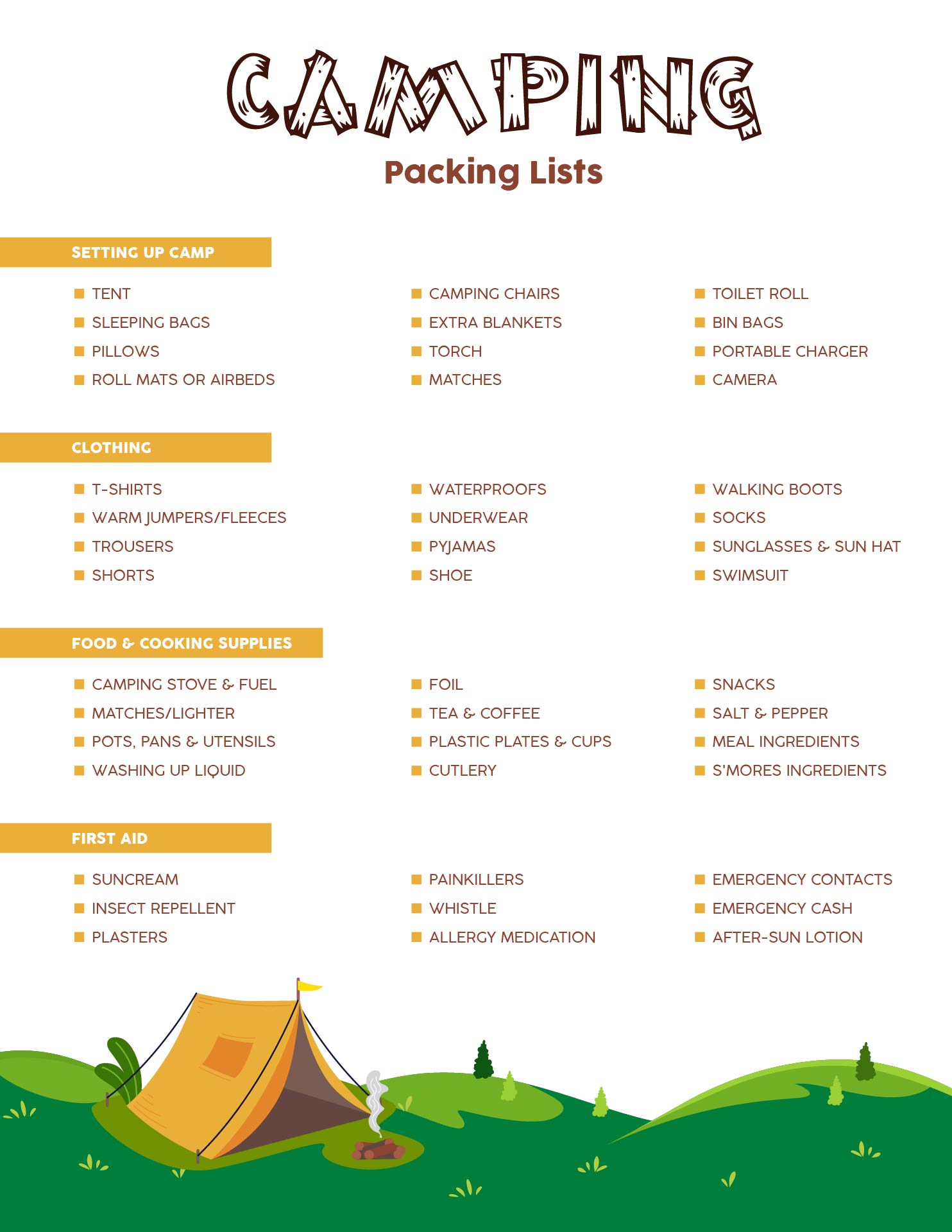 Camping Packing Lists Printables
