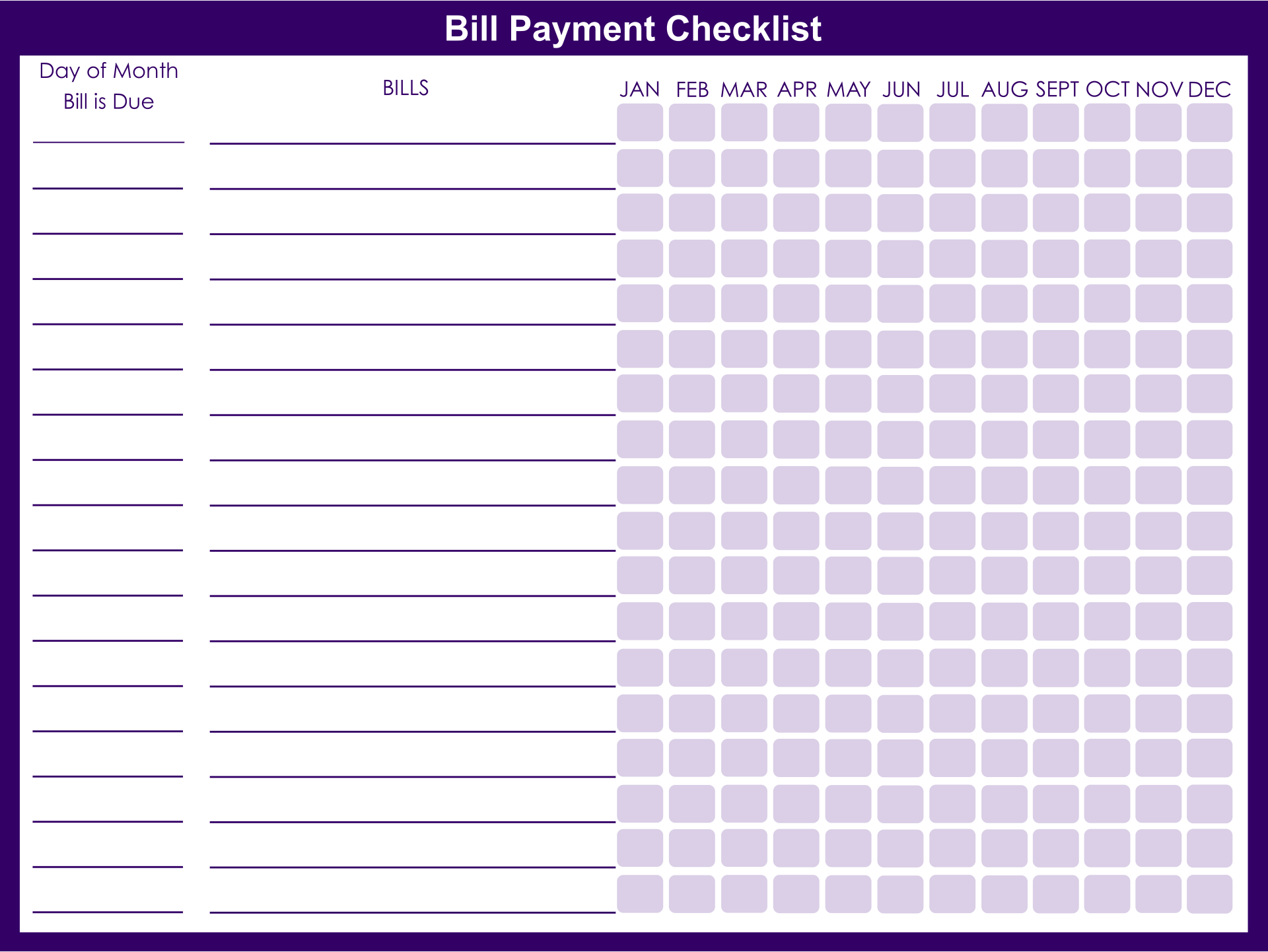 Printable Monthly Bill Payment Checklist